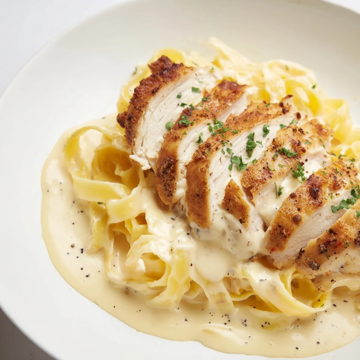 A beautiful plate of Cajun Chicken Alfredo Fettuccine with parsley garnish, ready for a comforting, delicious meal.