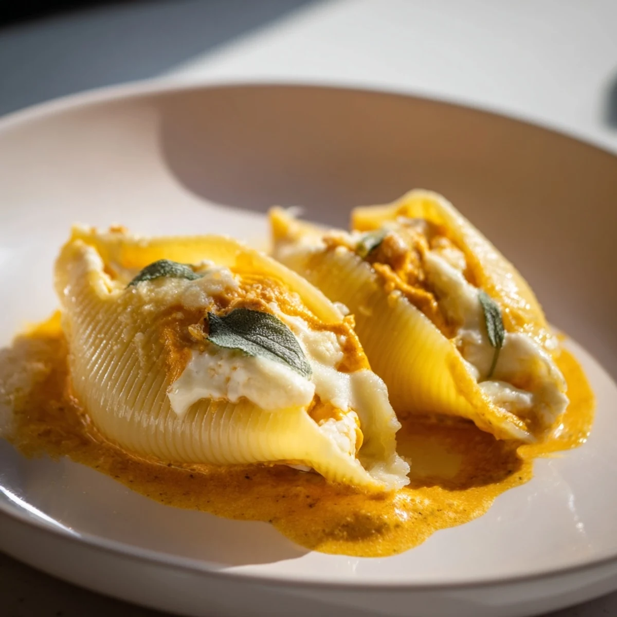 Golden brown Pumpkin & Gouda Stuffed Shells, bubbly with Alfredo sauce and melting Gouda cheese.