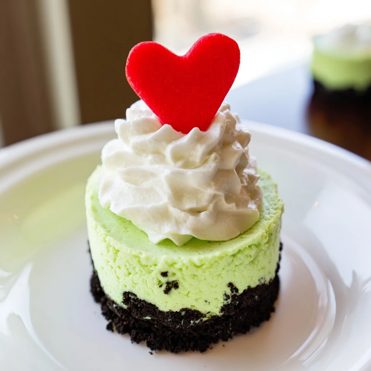 Creamy Grinch Mini Cheesecakes, a vibrant dessert perfect for Christmas, featuring heart sprinkles and Oreo crust.