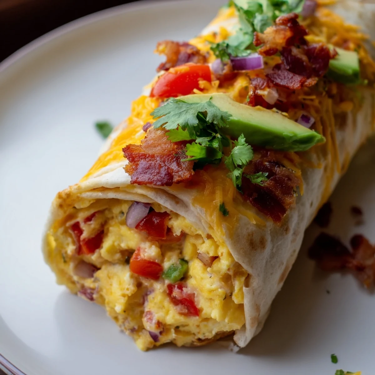 Warm Easy Festive Breakfast Burrito Wraps, overflowing with scrambled eggs, bacon, and colorful veggies.