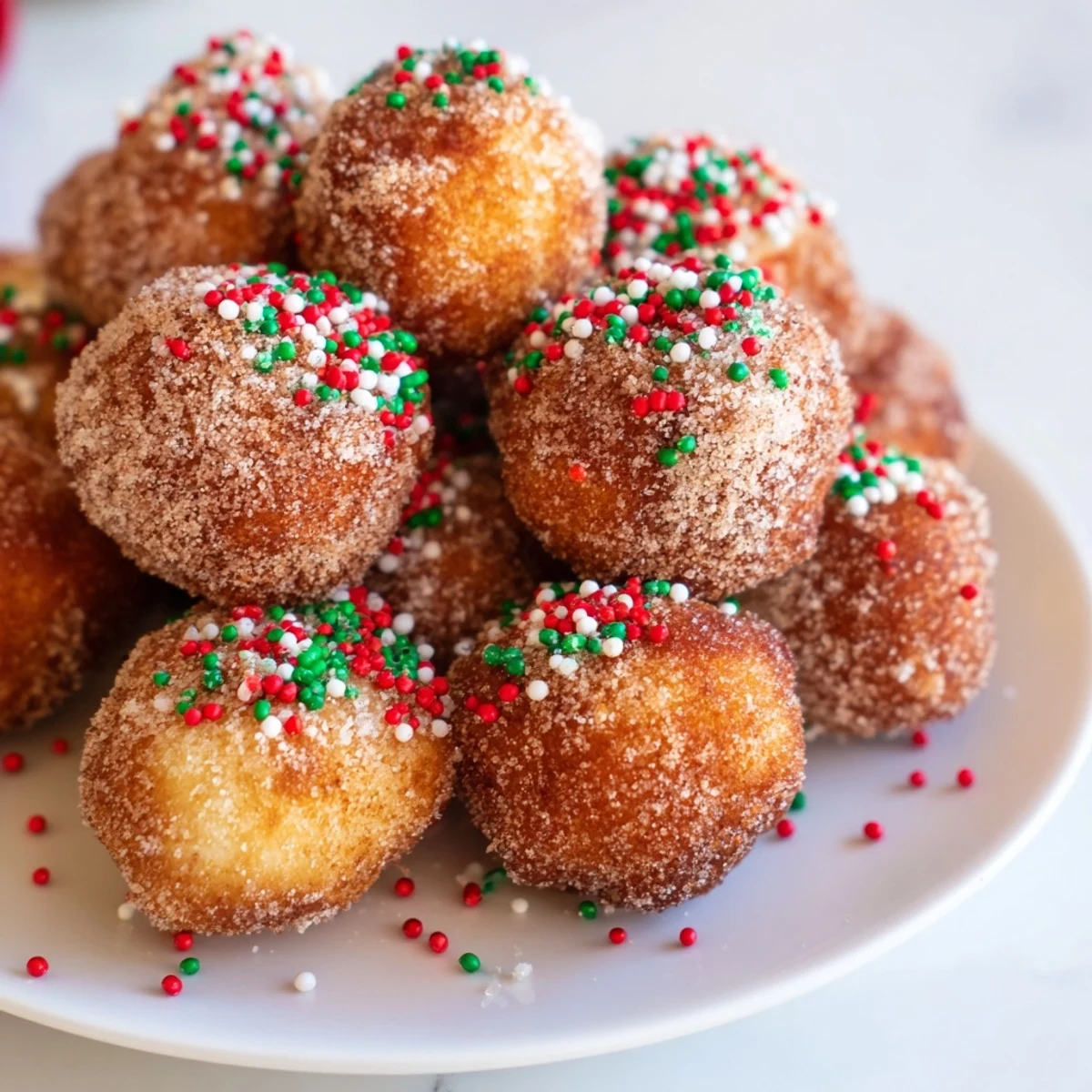 Freshly made air fryer Christmas donut holes, coated in cinnamon sugar, offer holiday cheer.