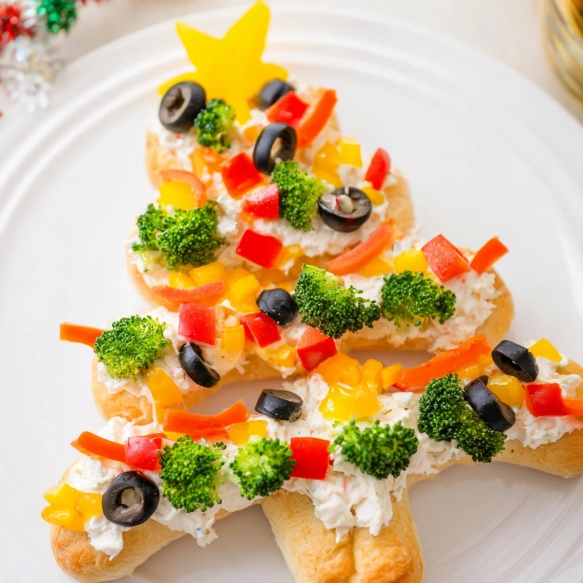 Delicious Easy Christmas Tree Veggie Pizza, featuring vibrant vegetables and creamy cheese, perfect for a party.