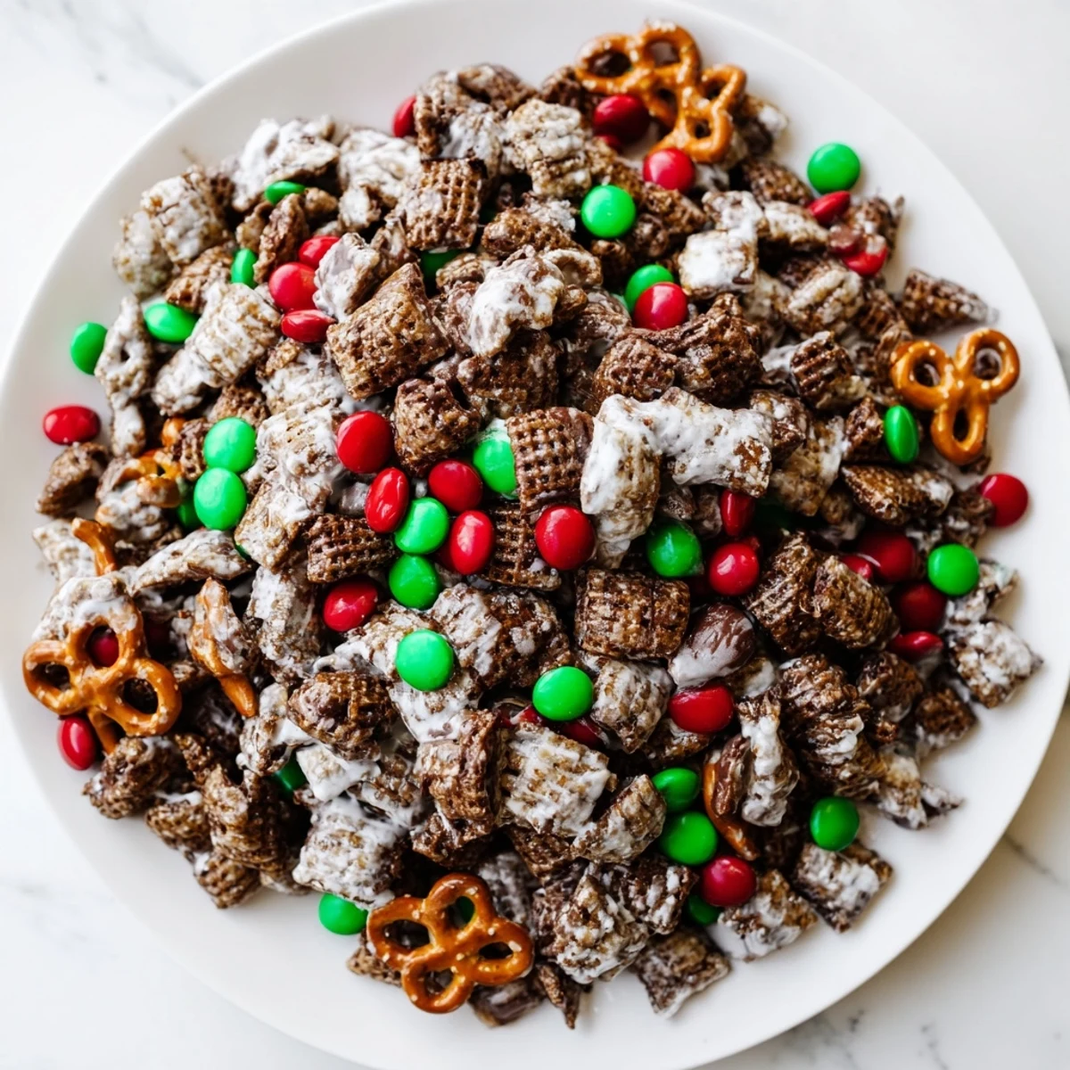 A close-up of delicious Simplified Reindeer Chow, coated in powdered sugar and ready to eat!