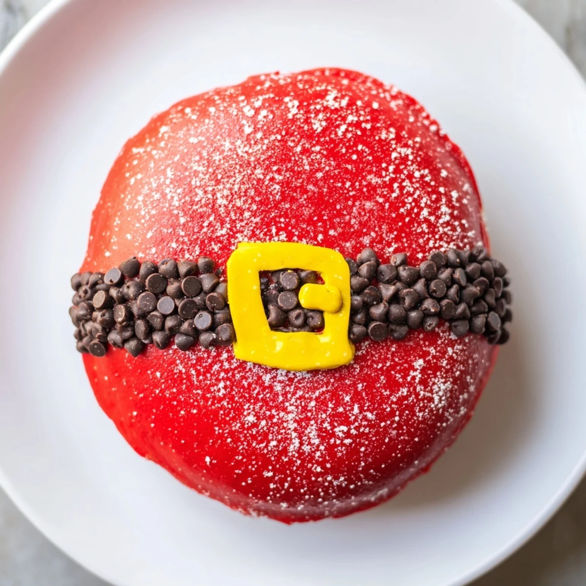 Santa Belly Donuts, vibrant red frosted, with a chocolate belt and yellow buckle, perfect for the holidays.