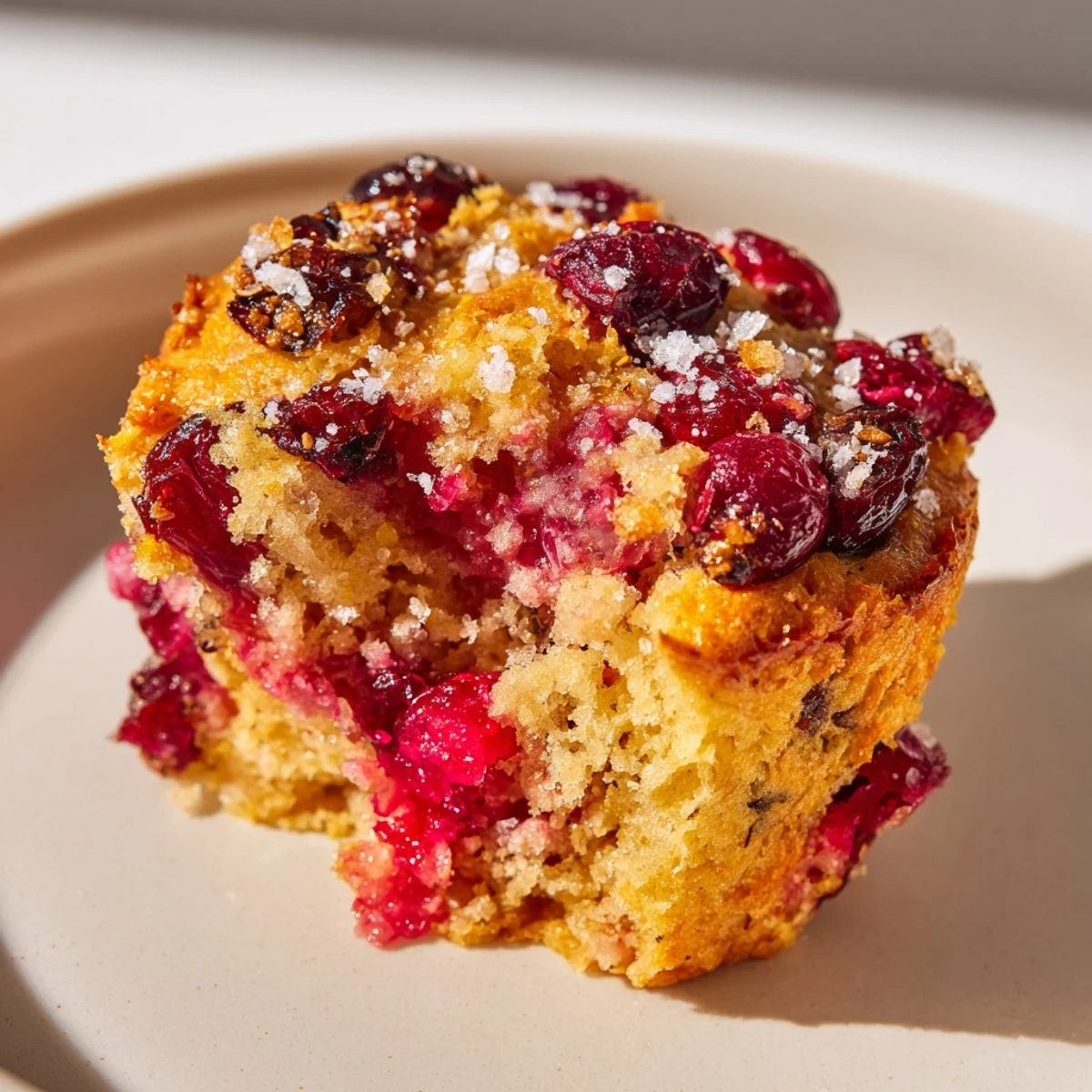 Warm, golden Quick Festive Cranberry Orange Muffins with sugared tops, fresh from the oven, ready to enjoy.