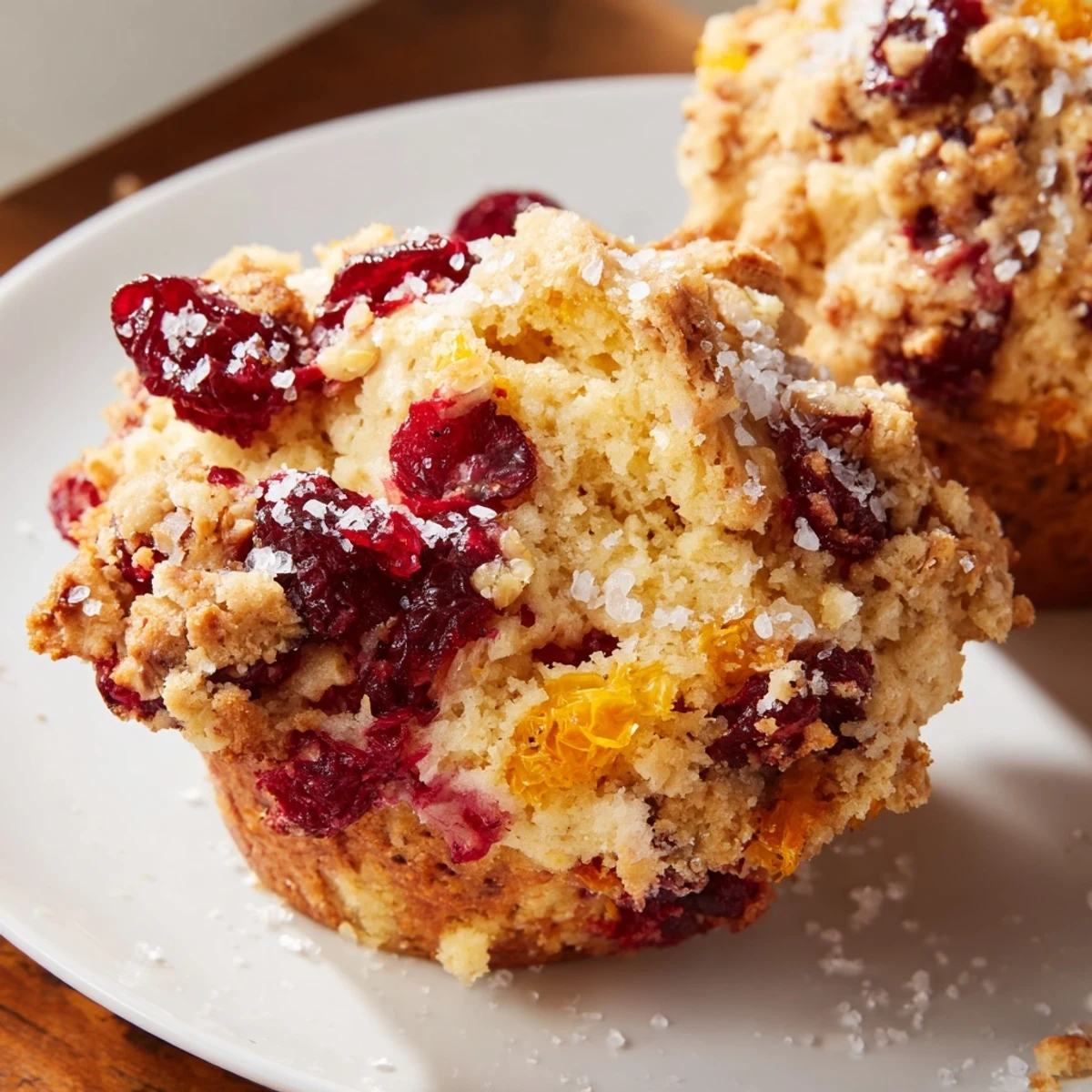 Close-up of fluffy Quick Festive Cranberry Orange Muffins, showcasing tart cranberries and zesty orange for a bright burst.