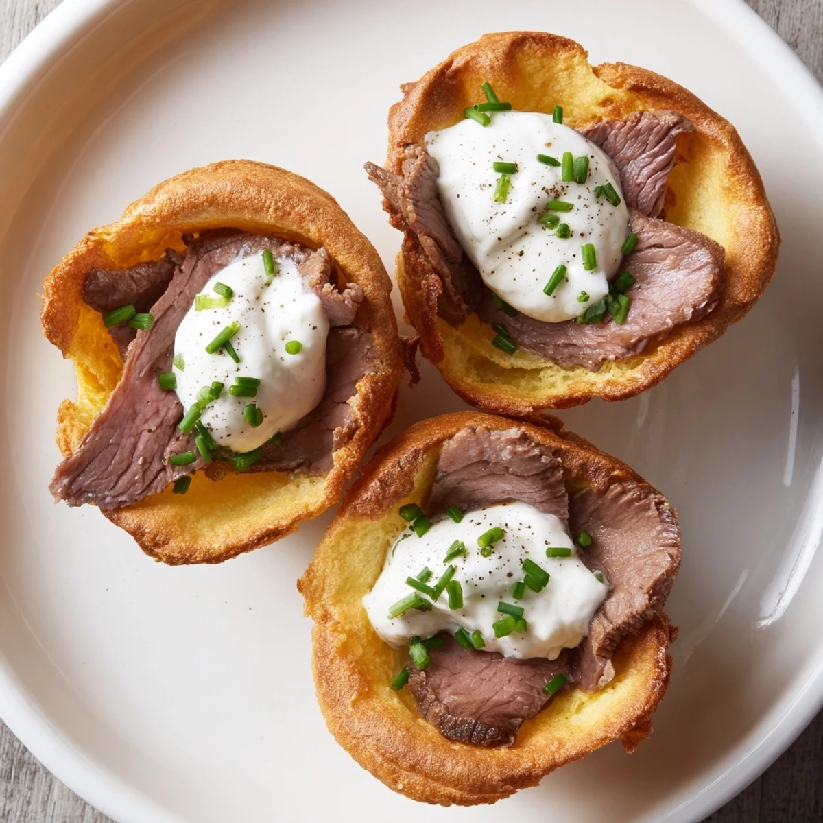 Golden-brown Express Holiday Yorkshire Pudding Bites, filled with tender roast beef and creamy horseradish.