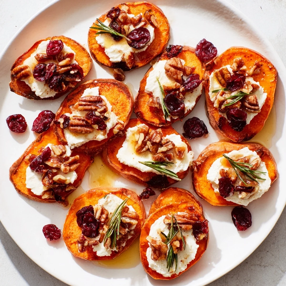 Golden roasted Express Holiday Sweet Potato Rounds, topped with creamy cheese and nuts, ready to enjoy.