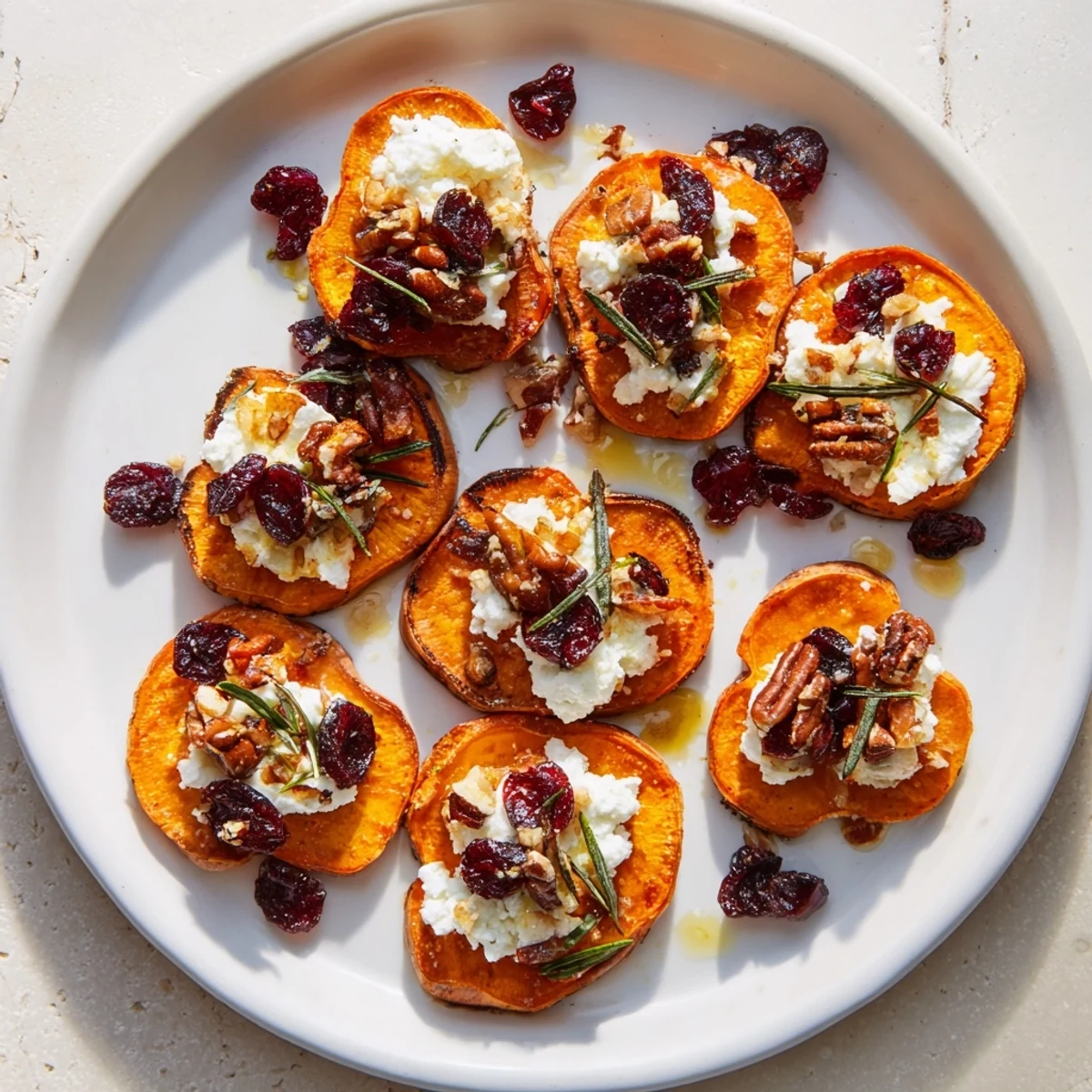 A delightful platter of Express Holiday Sweet Potato Rounds: tender sweet potatoes paired with rich goat cheese topping.