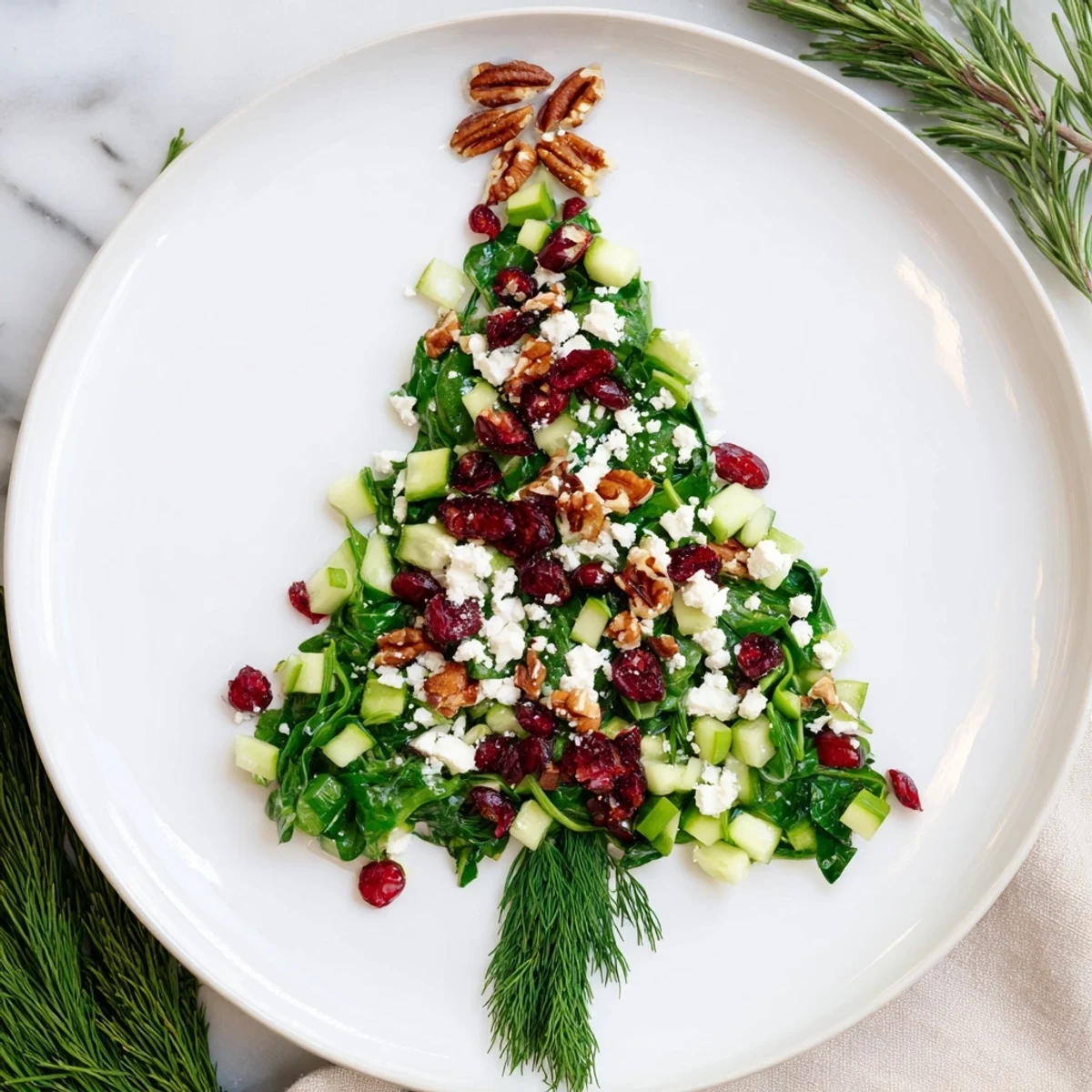 Festive Cranberry & Feta Cheese Tree Dip Salad, a beautifully crafted holiday appetizer with a snowy appearance.