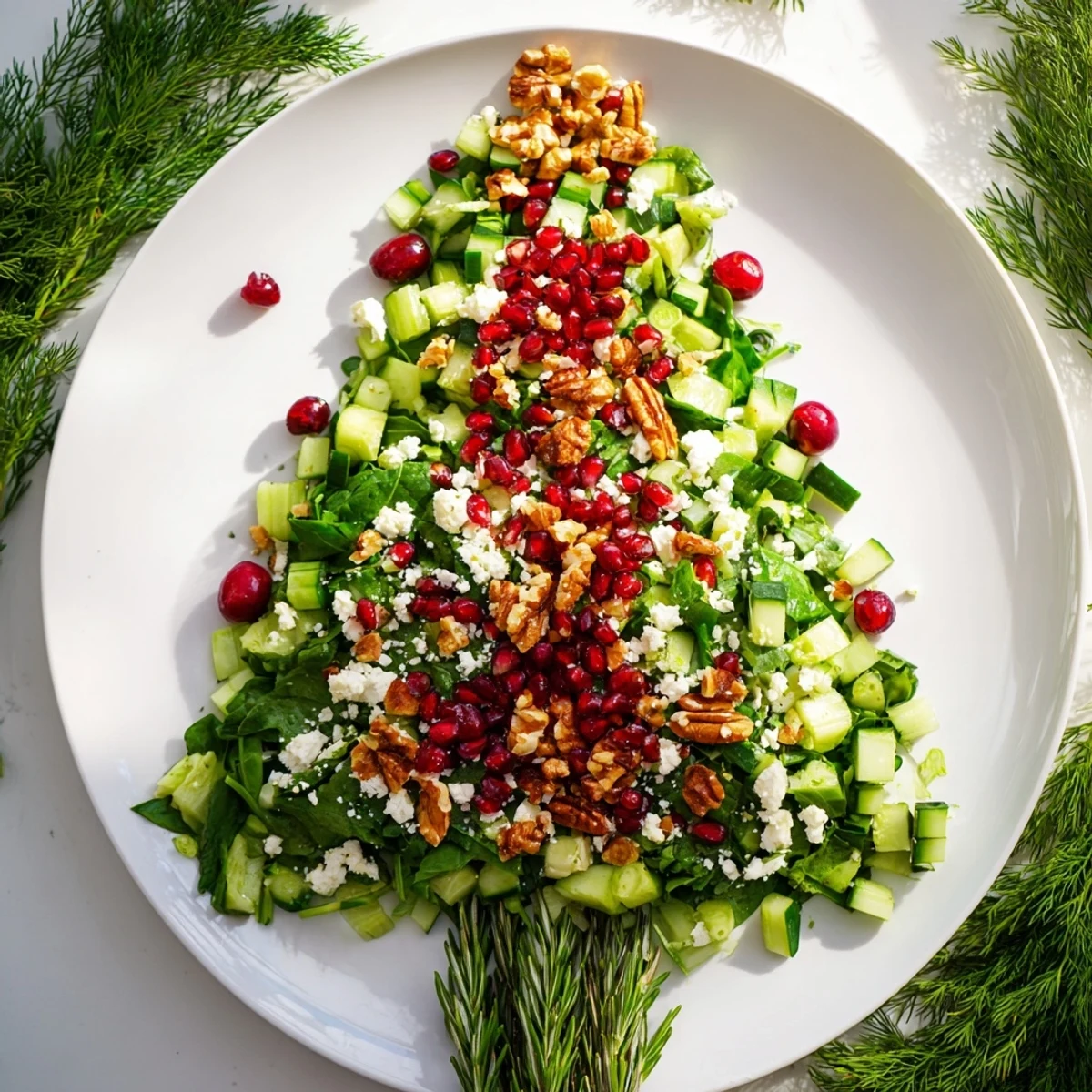 Fresh herbs and tangy feta top the vibrant Cranberry & Feta Cheese Tree Dip Salad, perfect for dipping.