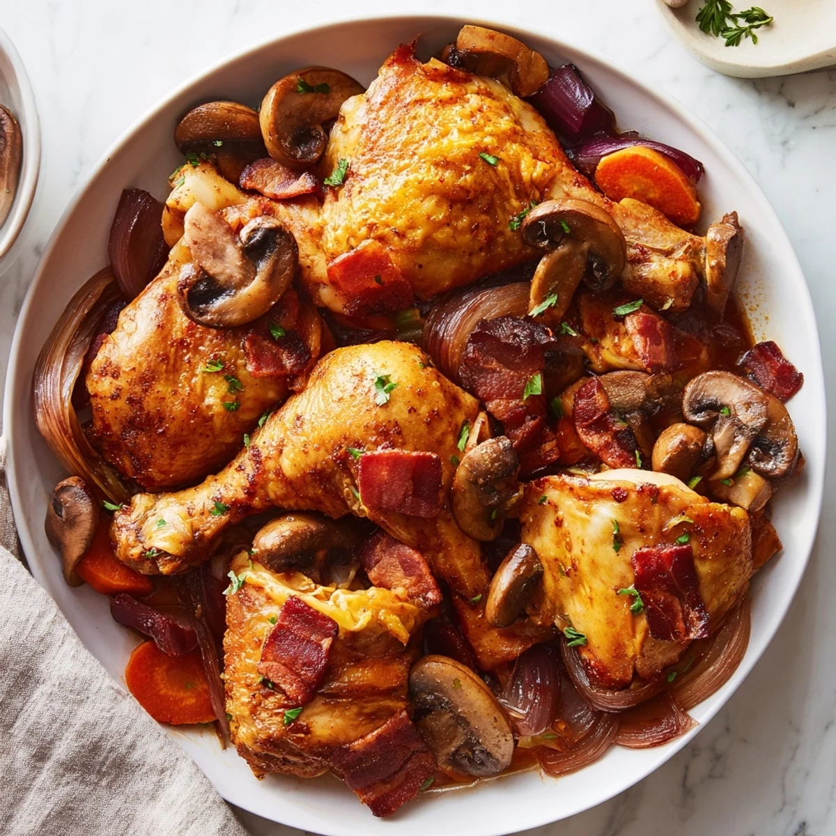 Golden-brown Instant Pot Coq au Vin Style Chicken Thighs, simmered in red wine with hearty mushrooms.