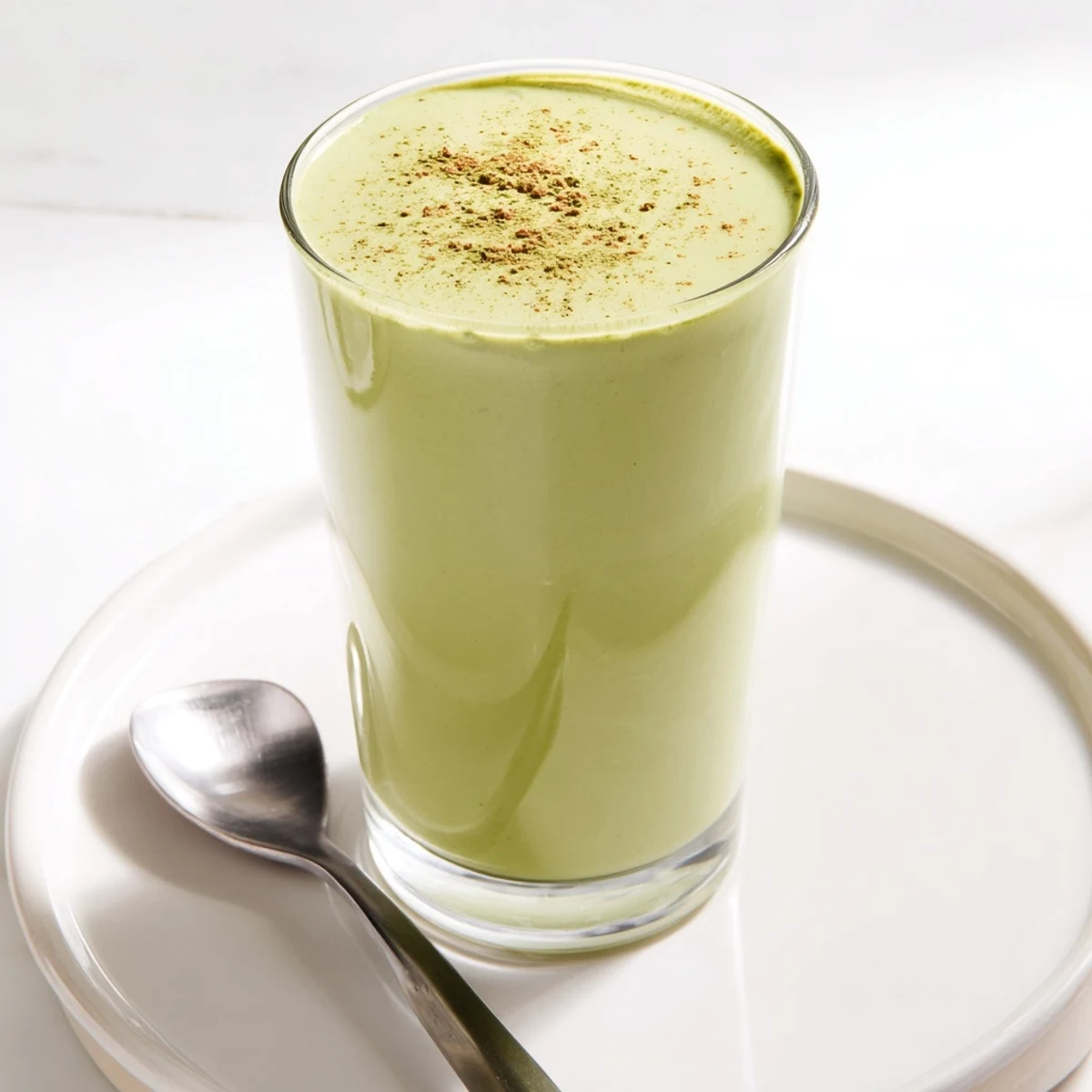 A vibrant Matcha Eggnog Collagen Breakfast Smoothie with a creamy texture, ready to refresh and delight.