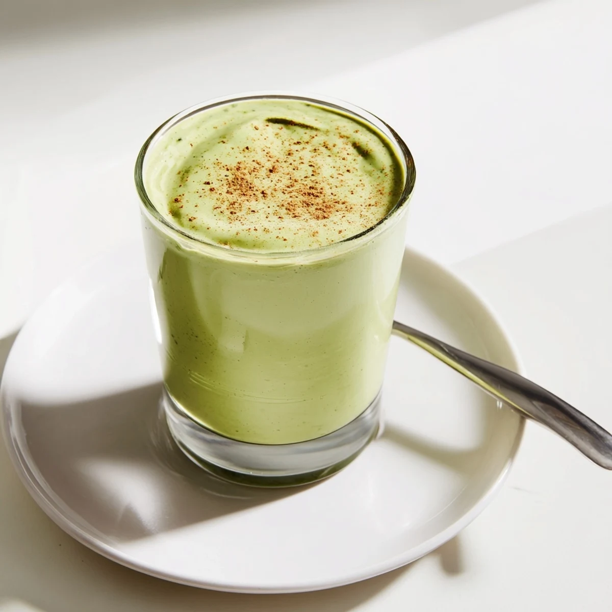 Imagine thick, green Matcha Eggnog Collagen Breakfast Smoothie swirled in a glass, accented with nutmeg.