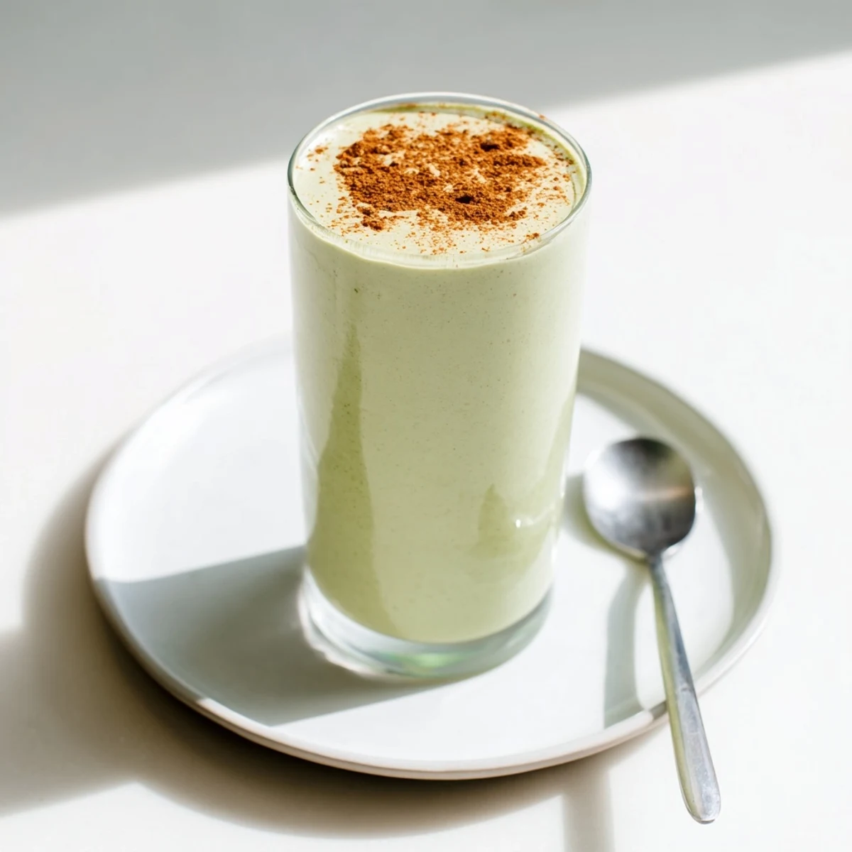 Picture a vibrant Matcha Snickerdoodle Protein Shake, with ice, ready for you to savor its sweet, layered flavors.