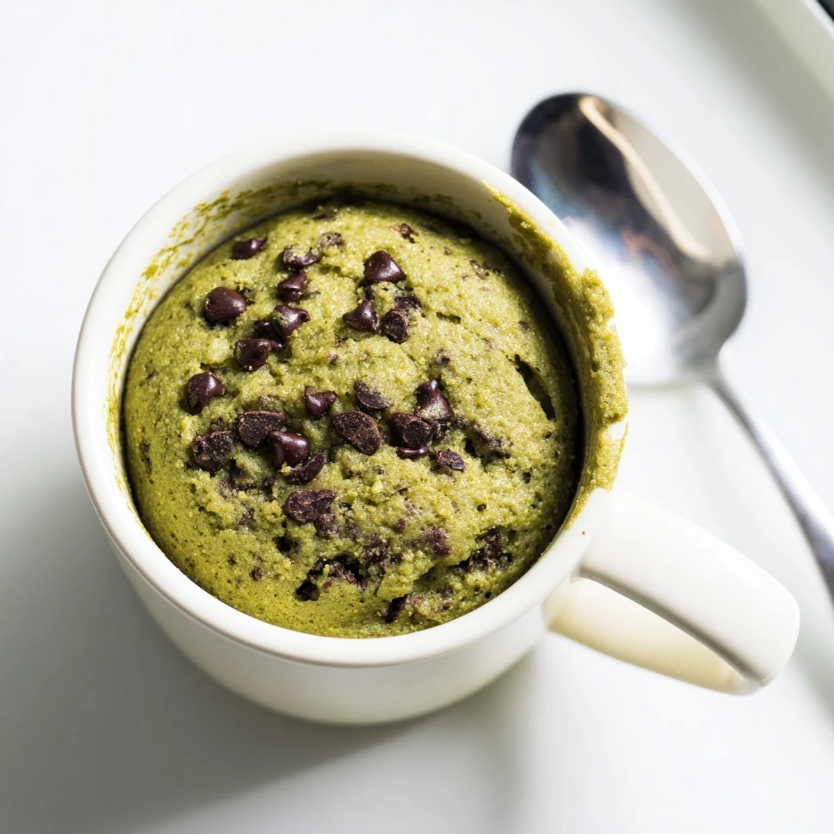 Steaming Matcha Peppermint Brownie Batter Mug Cake with an aroma of peppermint, perfect for a cozy treat.