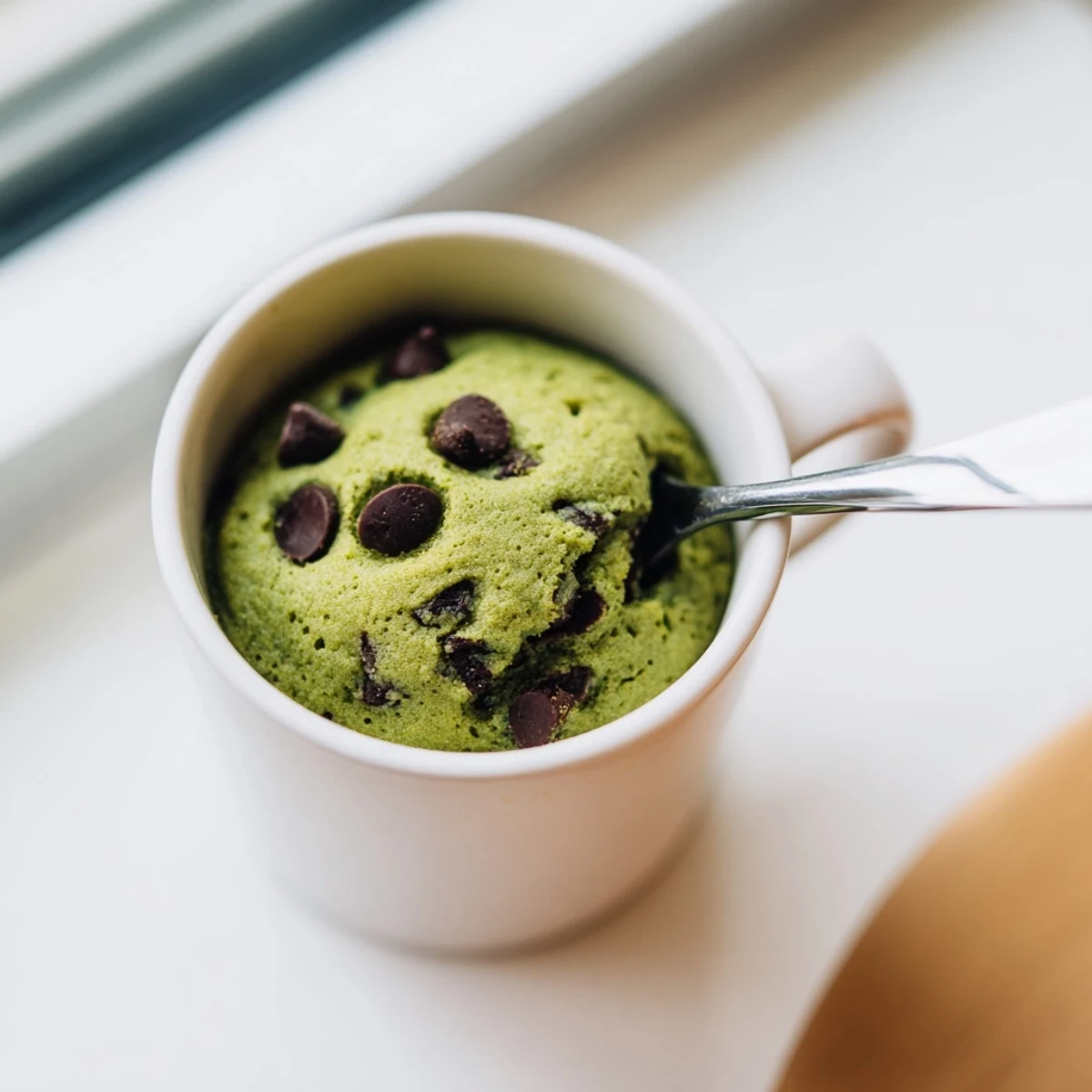 Fudgy Matcha Peppermint Brownie Batter Mug Cake, perfect single-serve dessert, ready in a microwave-safe mug.
