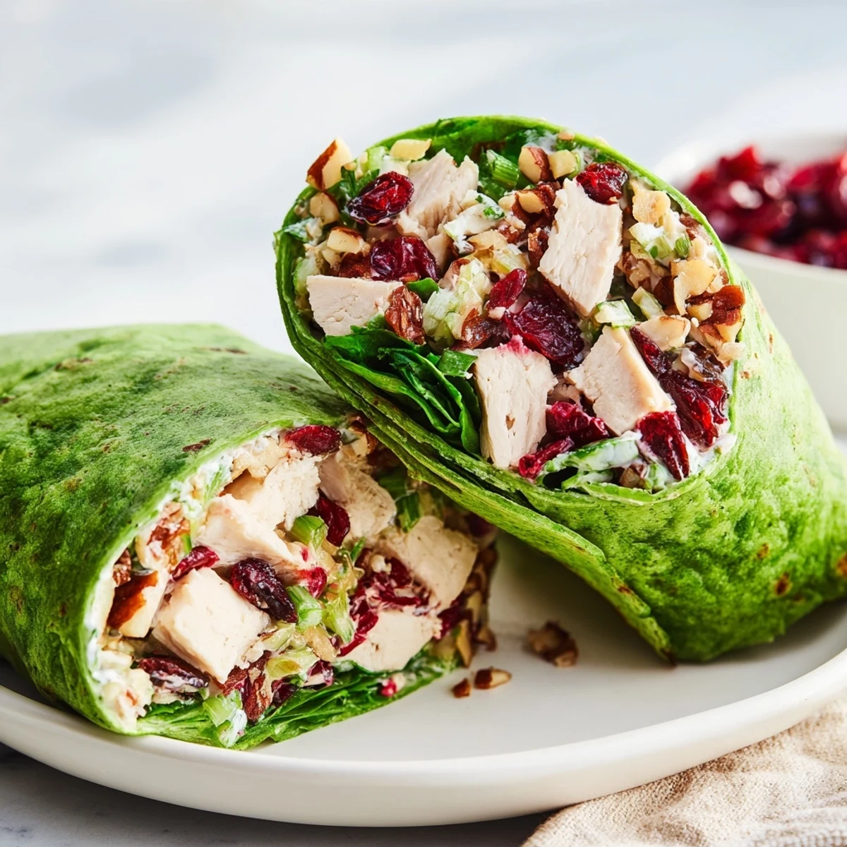 Creamy Cranberry Pecan Chicken Salad Christmas Wrap filling with crunchy pecans and fresh greens, served cold.