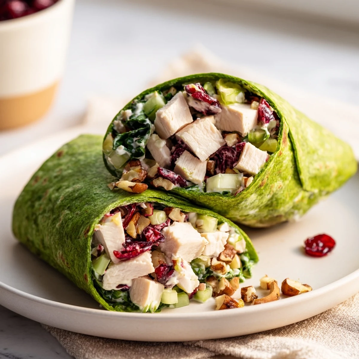 A close-up of a festive Cranberry Pecan Chicken Salad Christmas Wrap, revealing a colorful filling of hearty ingredients.