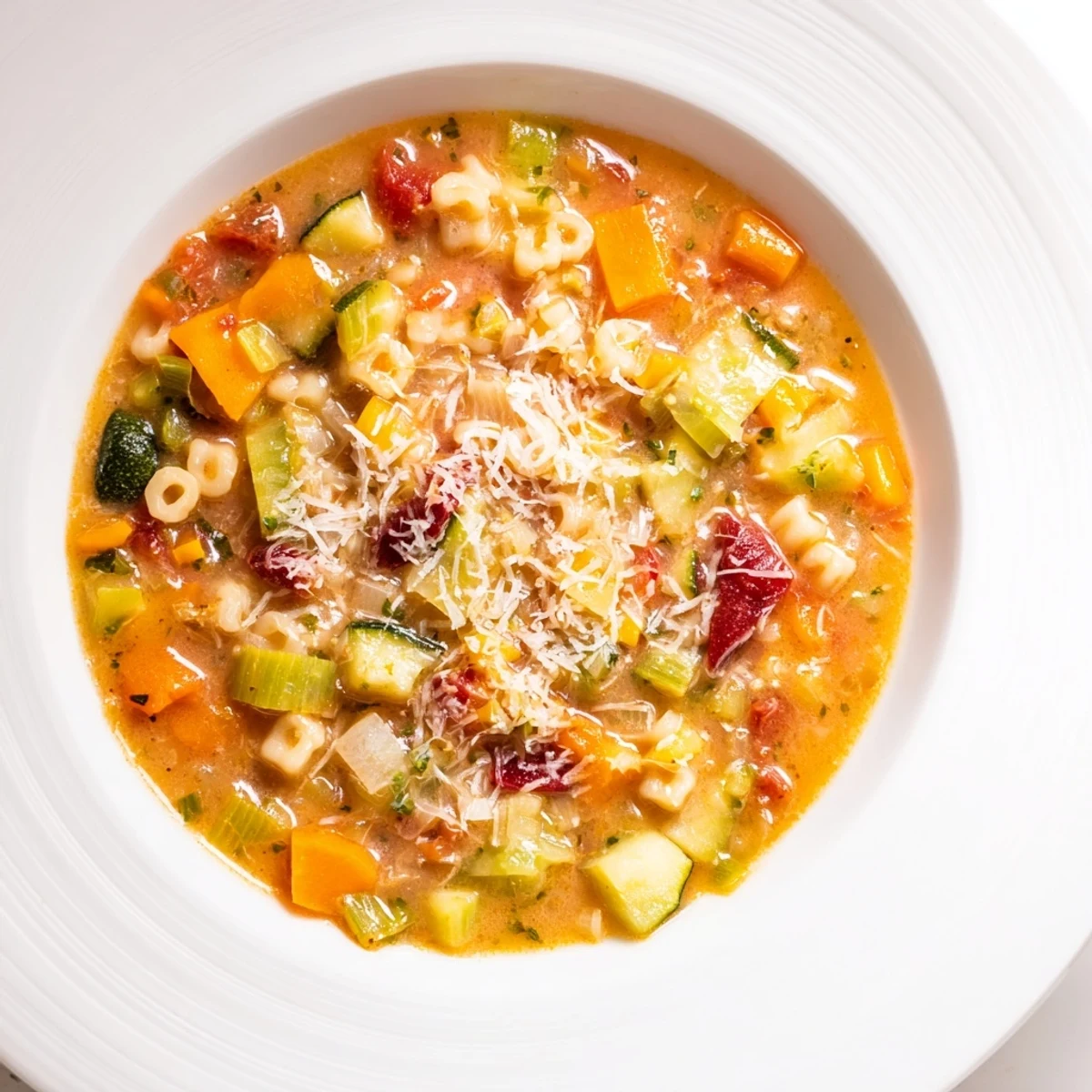 Steaming bowl of Veggie-Packed Minestrone Christmas Pasta Pot, filled with colorful vegetables and pasta.