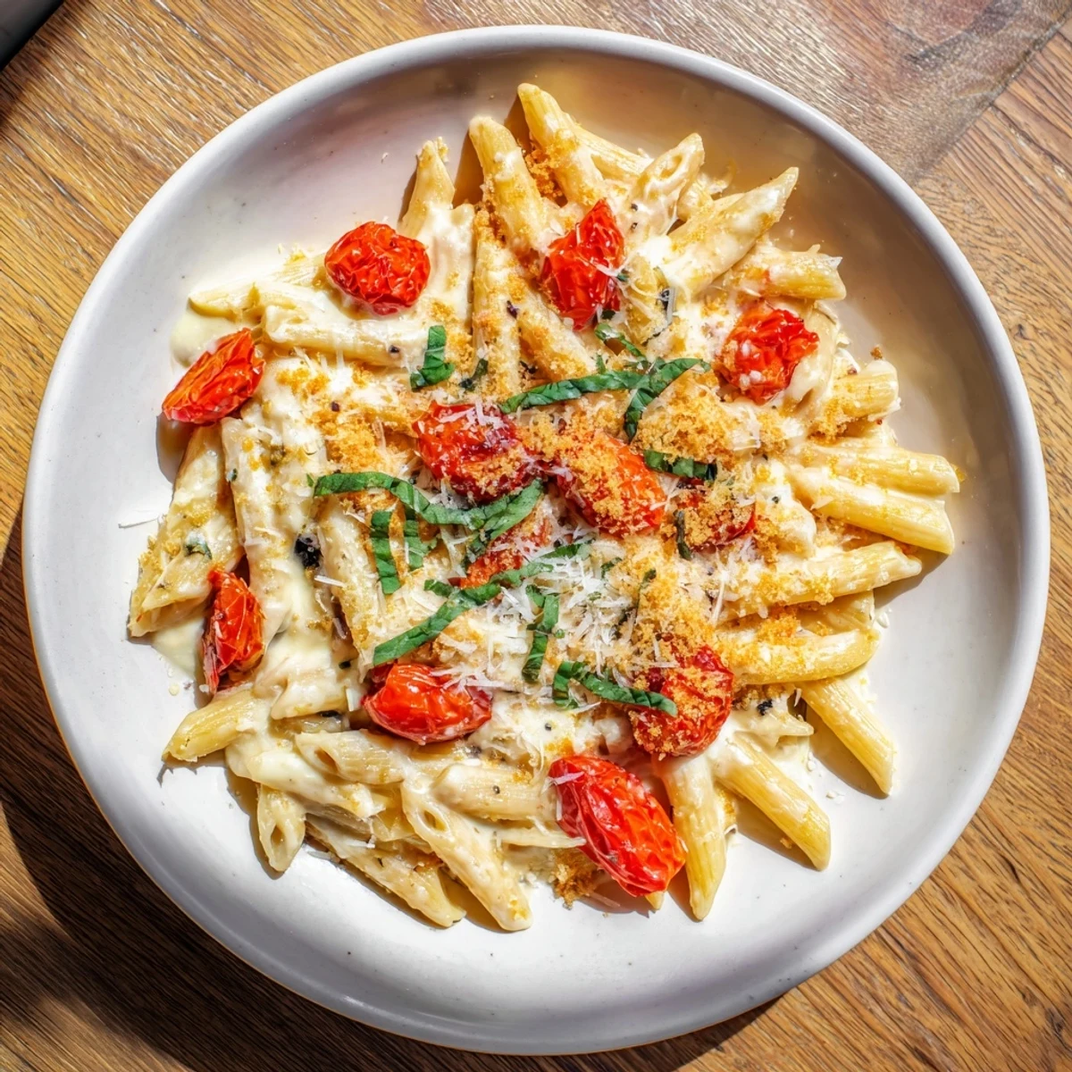 Imagine warm Baked Goat Cheese Snowflake Tomato Basil Pasta, served with fresh basil for a delicious vegetarian meal.