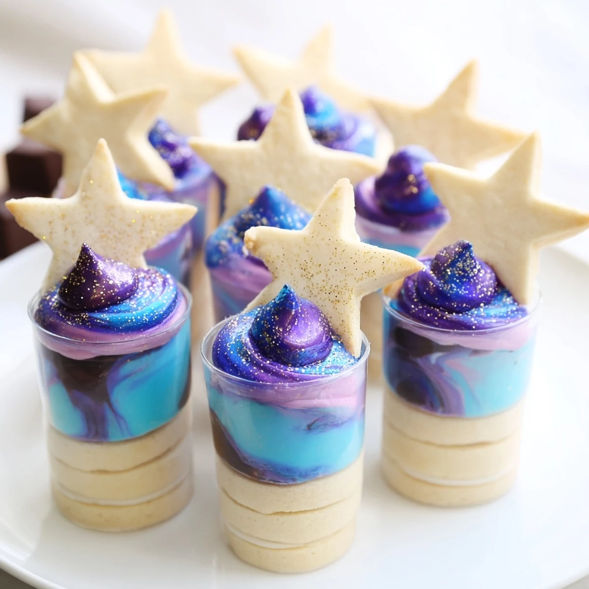 A beautiful Stargazers Dessert Platter, featuring star-shaped cookies, galaxy mousse, and chocolate truffles.