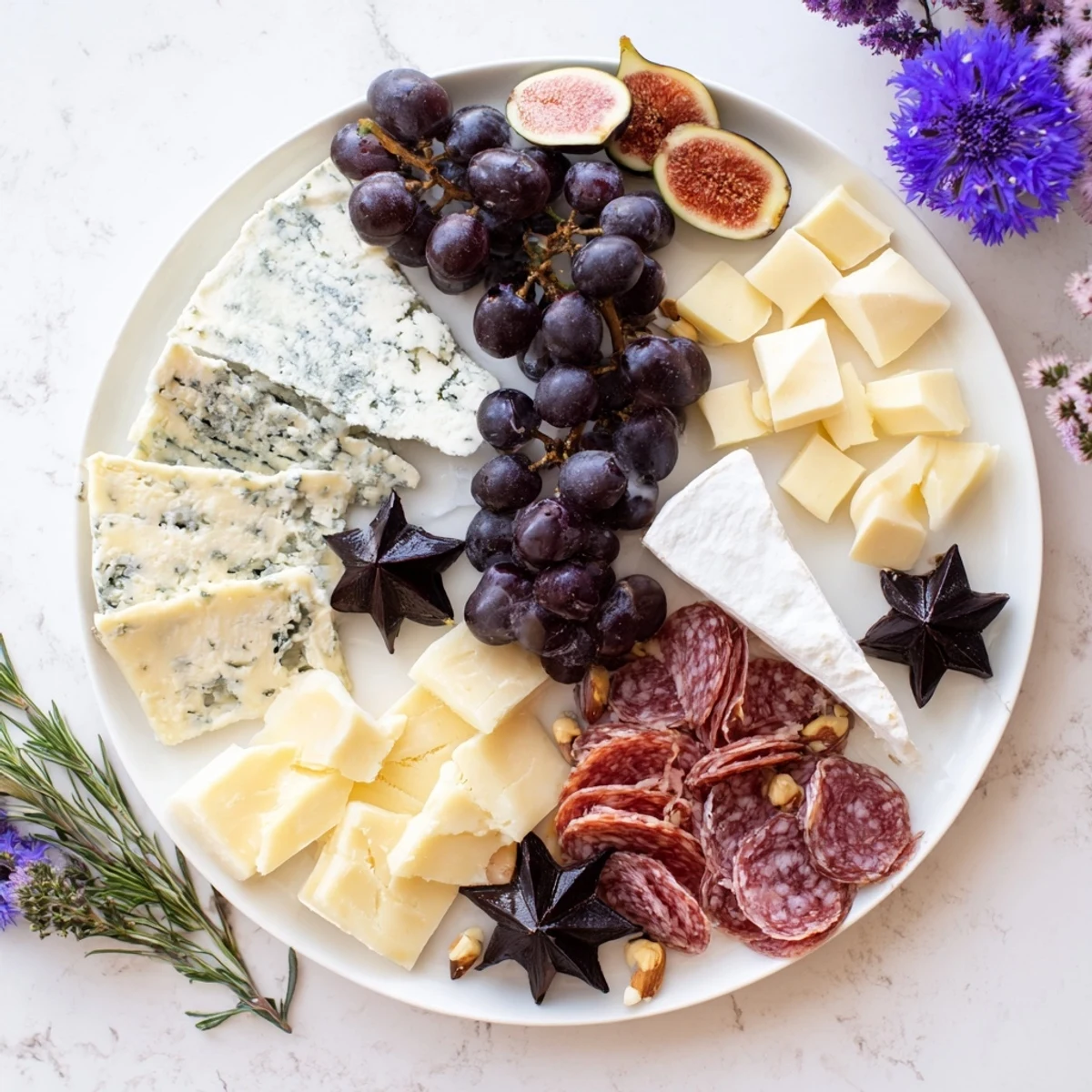 Celestial Night Board, stunning grazing board with cheeses, charcuterie, fruits, and star-shaped chocolates.
