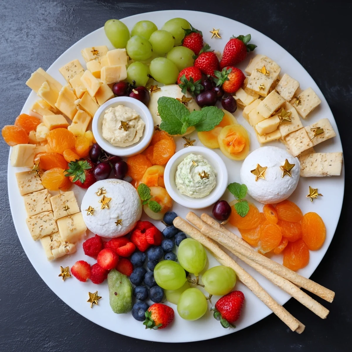 Comet & Planet Snack Tray: Colorful fruits and cheeses arranged as space-themed treats for a fun party.