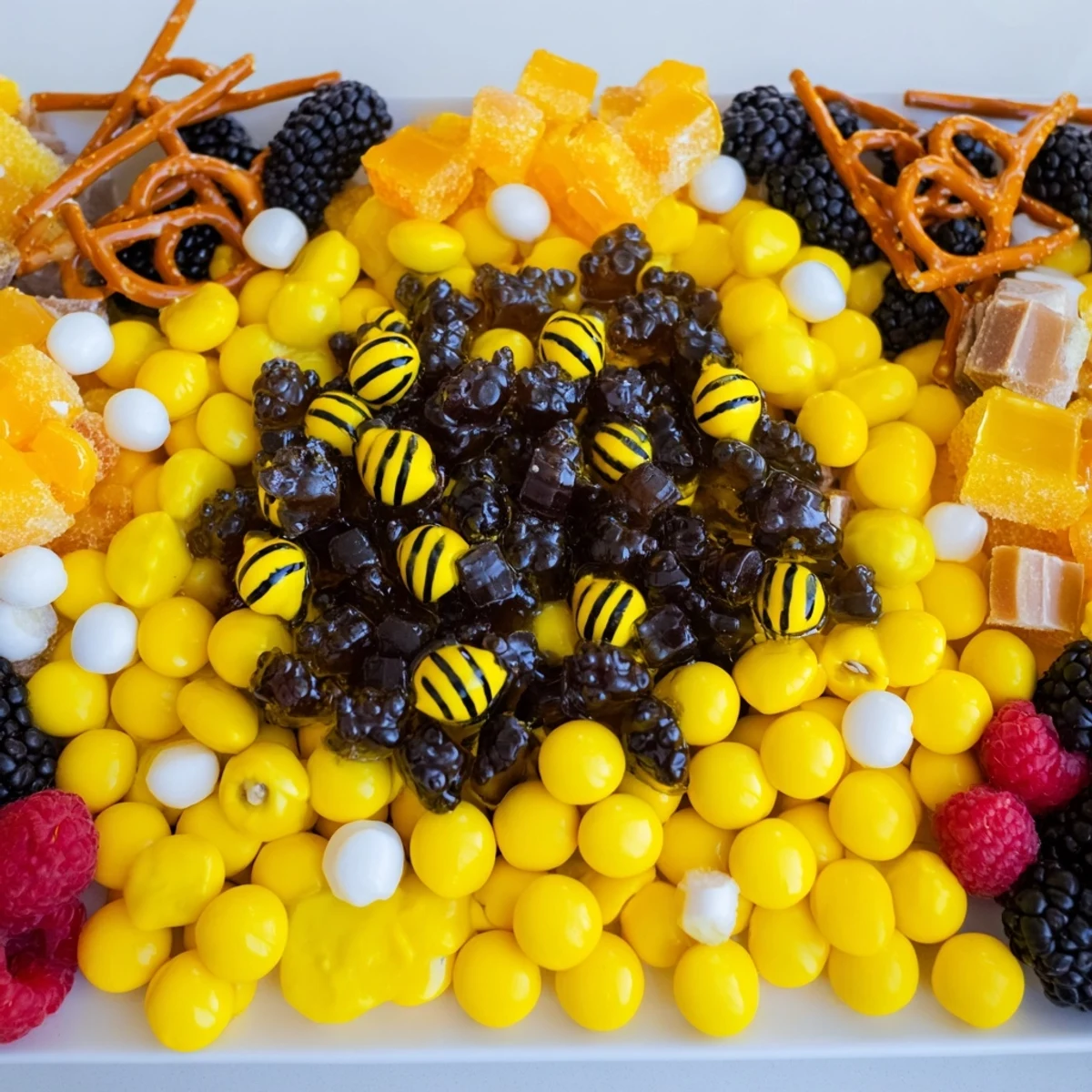 Vibrant bumblebee candy board featuring bee-shaped gummies, licorice, and fresh berries, perfect for sharing.