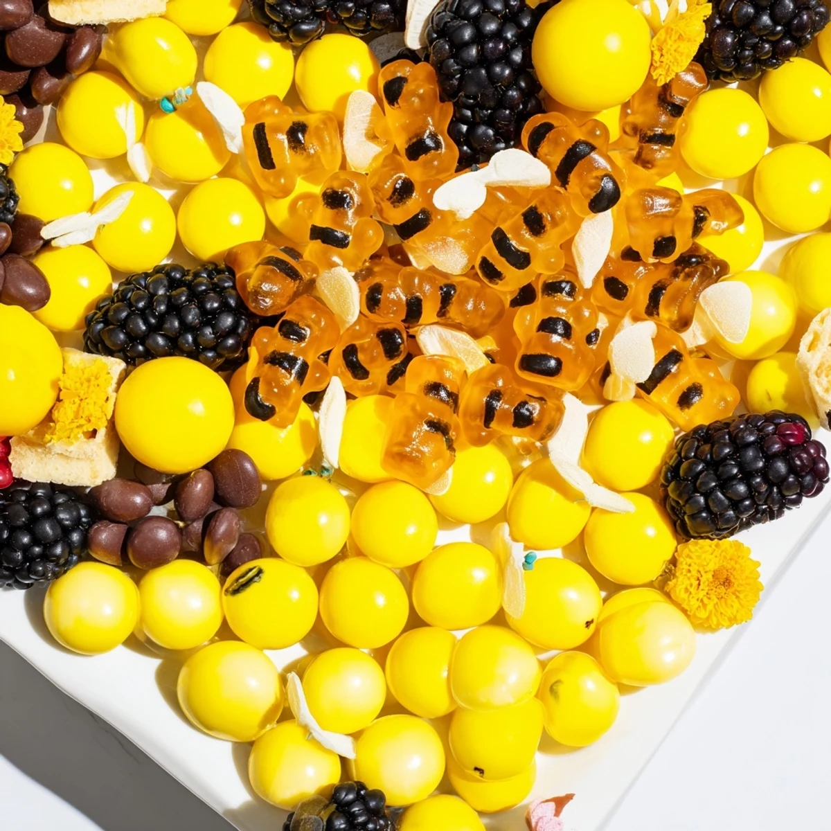 A colorful dessert board with bumblebee candies, yellow jelly beans, and honeycomb toffee, ready for a party.