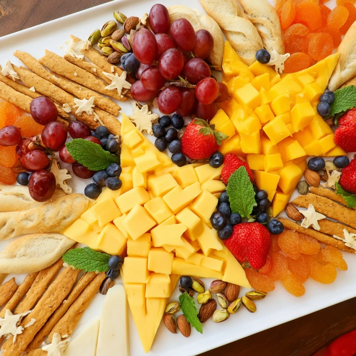 Festive Shooting Star Snack Board with colorful fruits, cheeses, and sweet bites ready to serve.
