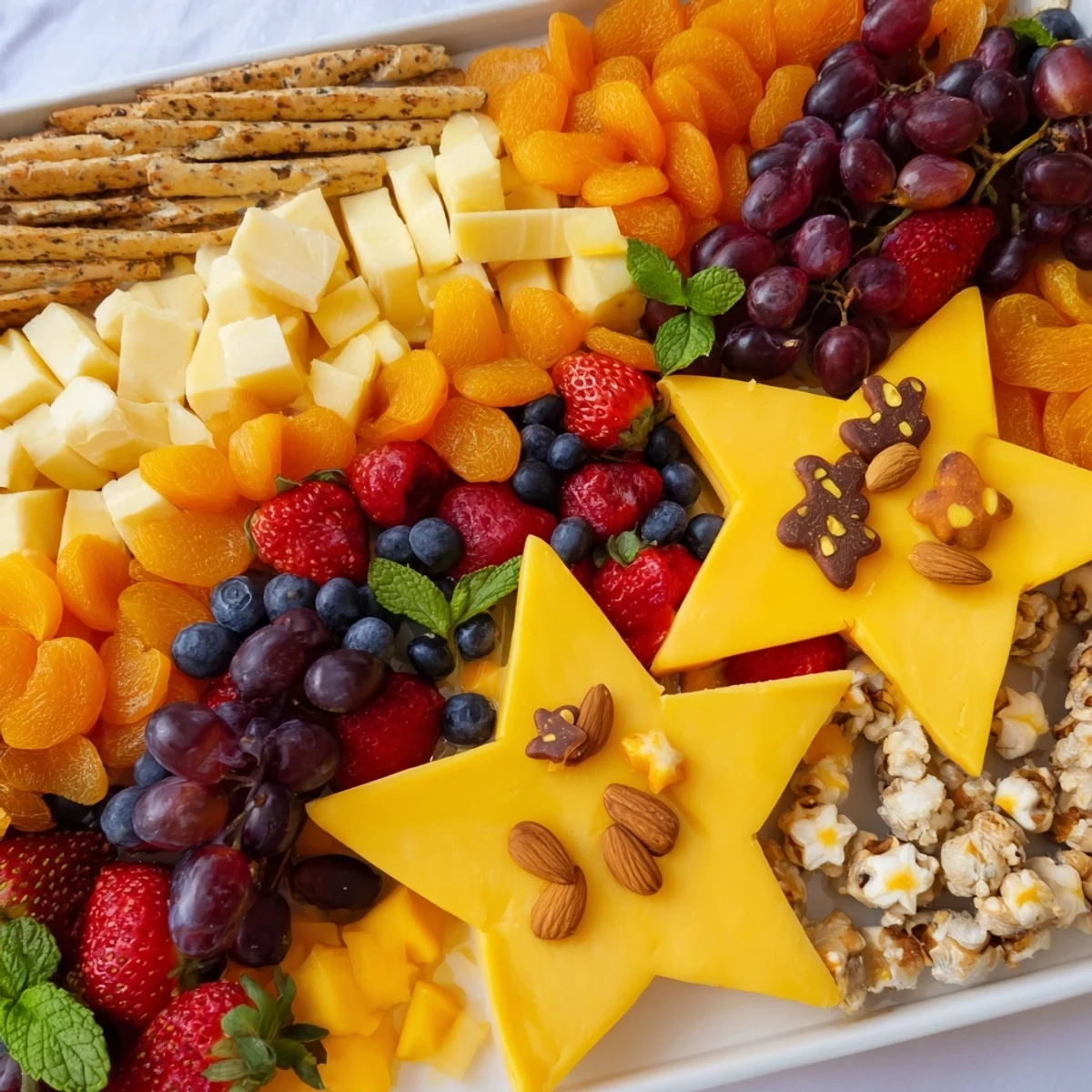 A visually stunning Shooting Star Snack Board, featuring arranged cheeses and star-shaped mango slices.