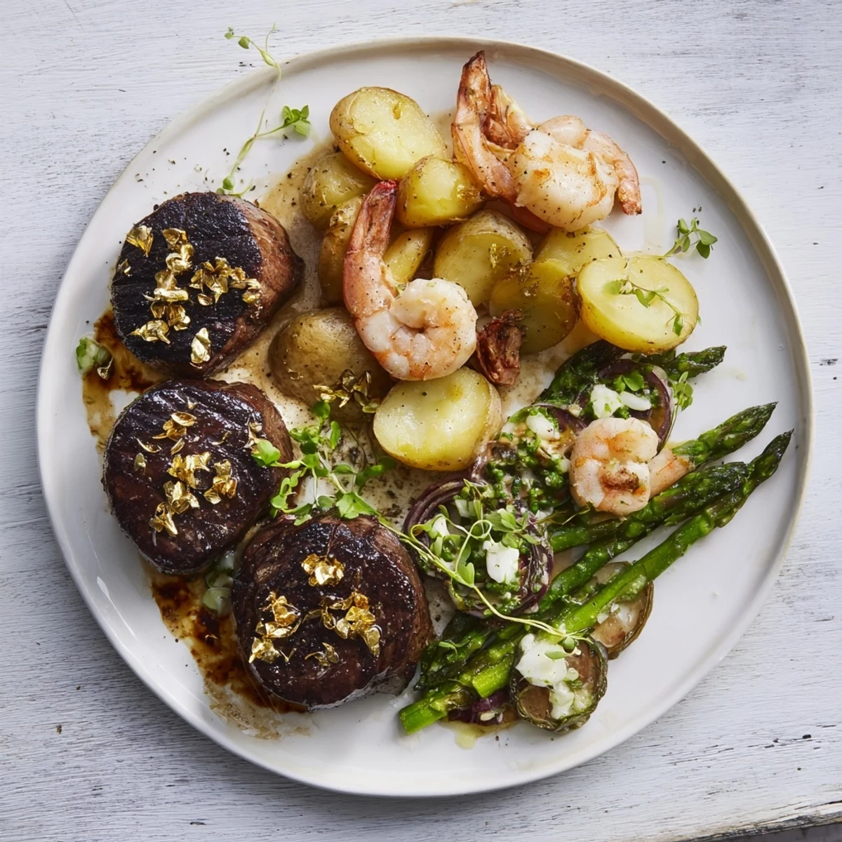 Golden Heart Luxury Platter showcases perfectly seared filet mignon, scallops, shrimp, and fresh vegetables drizzled with sauce.