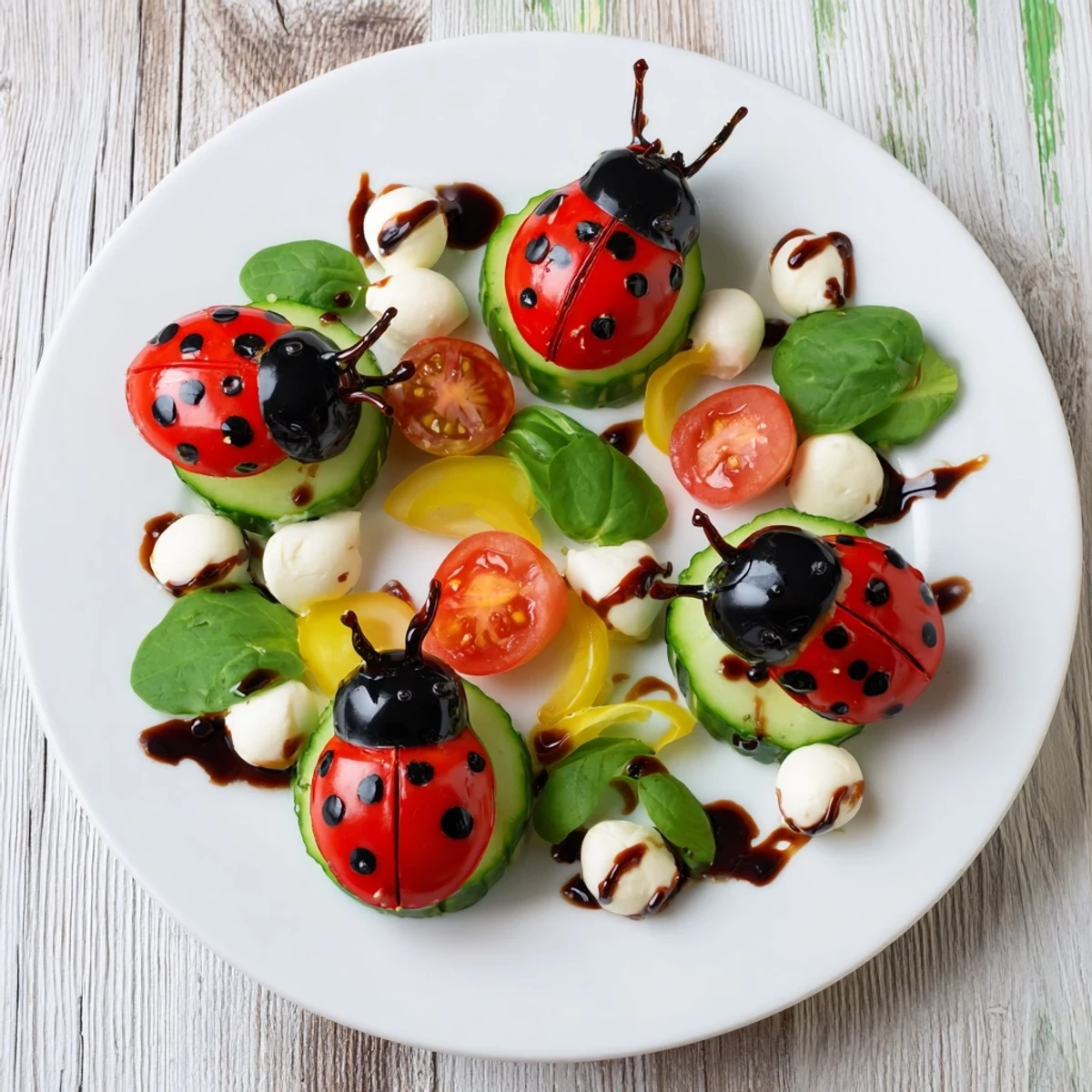 Colorful Ladybug Garden Platter: a creative appetizer, featuring cute veggie ladybugs with mozzarella.