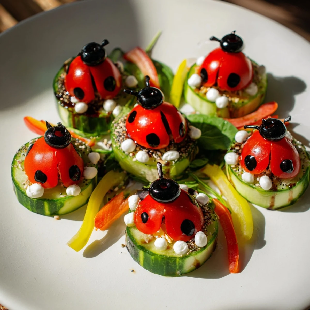 Ladybug Garden Platter appetizer: vibrant cherry tomatoes arranged like whimsical ladybugs on a veggie tray.