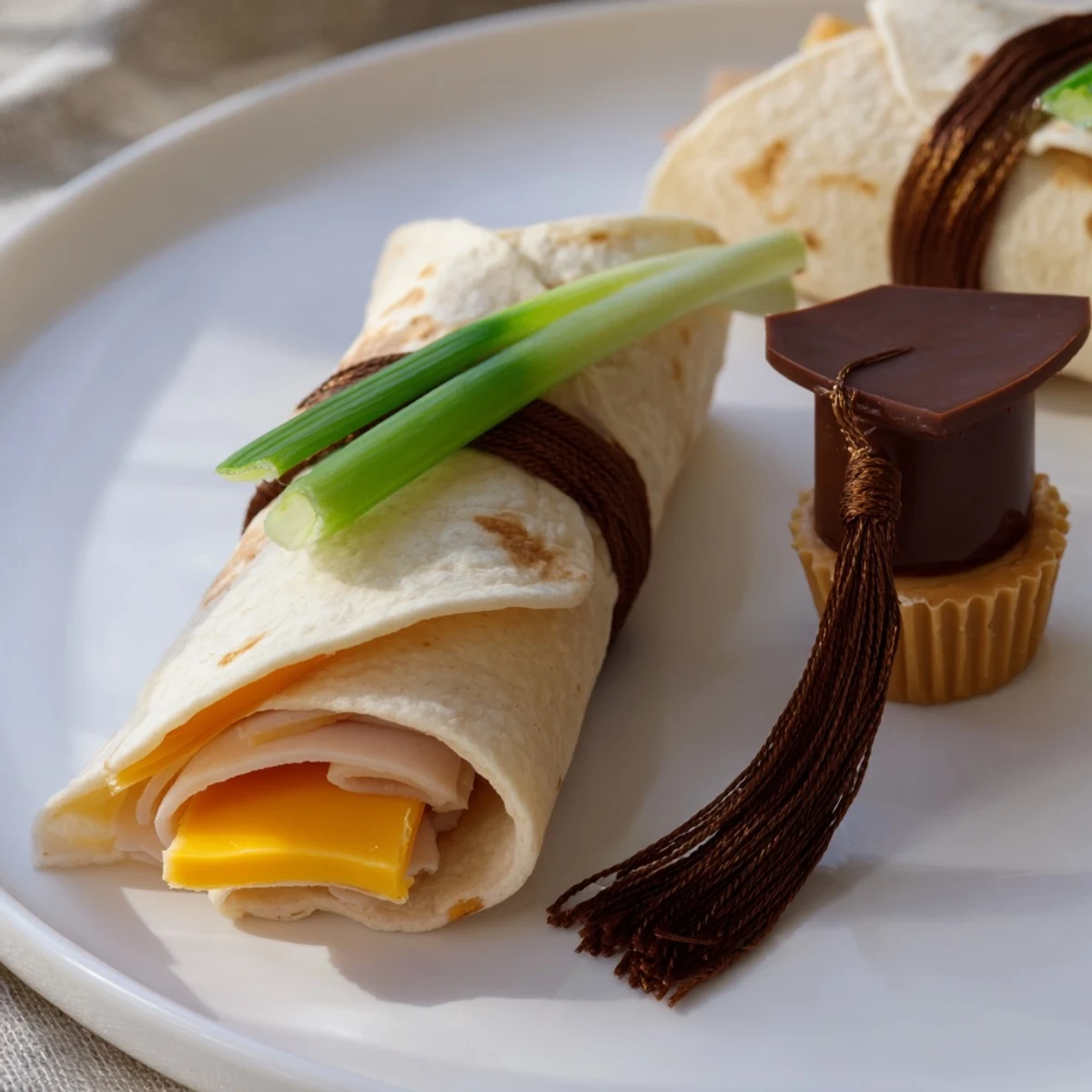 Graduation Cap Diploma Snack Wraps on a platter, ready to serve with colorful, fun snacks.