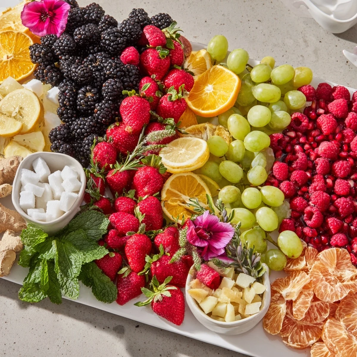 A gorgeous Bubbly Bar New Years Eve Garnish Tray overflowing with fresh fruits ready for festive drinks.