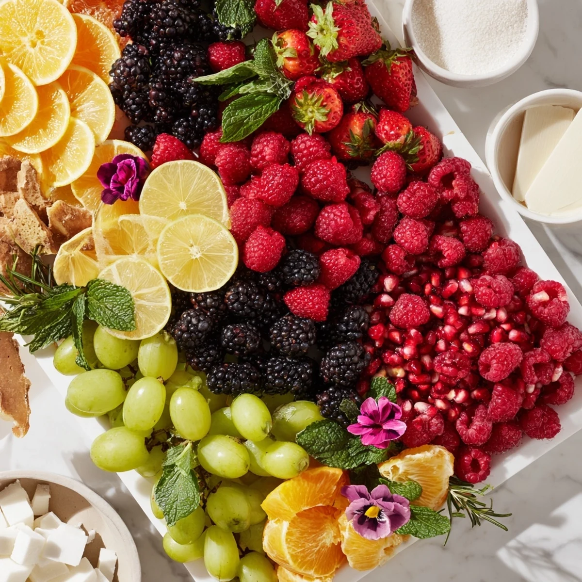 Bright and colorful: a Bubbly Bar New Years Eve Garnish Tray with sugared rims and vibrant fruit.