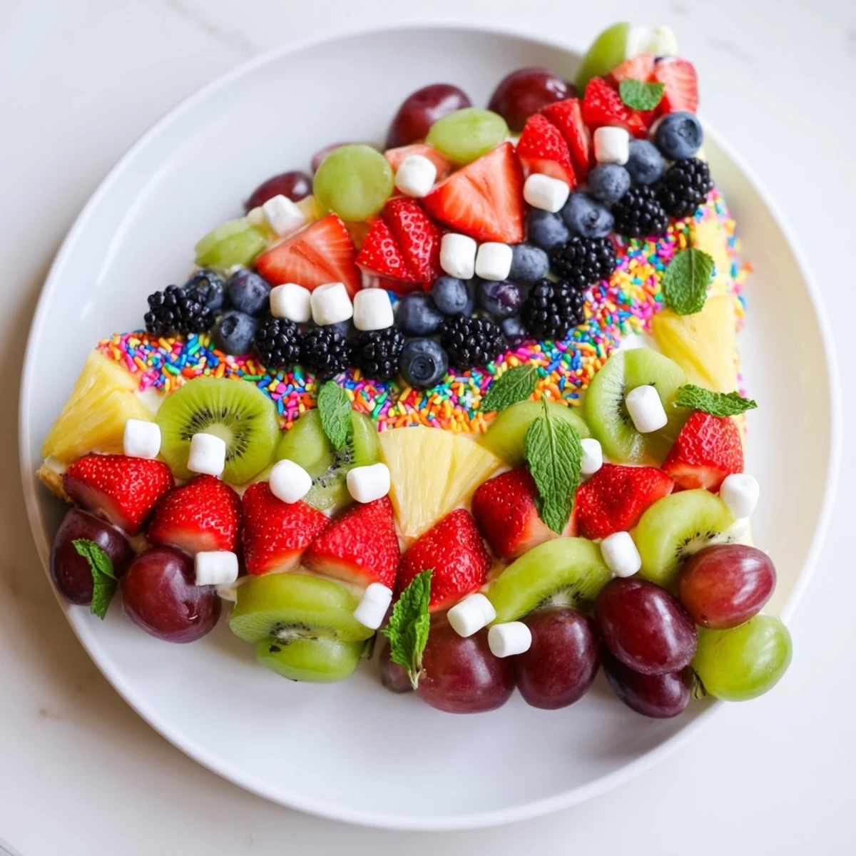 Fresh fruit arranged in a festive Happy Birthday Cake Slice Fruit Board ready for healthy snacking and celebrating.