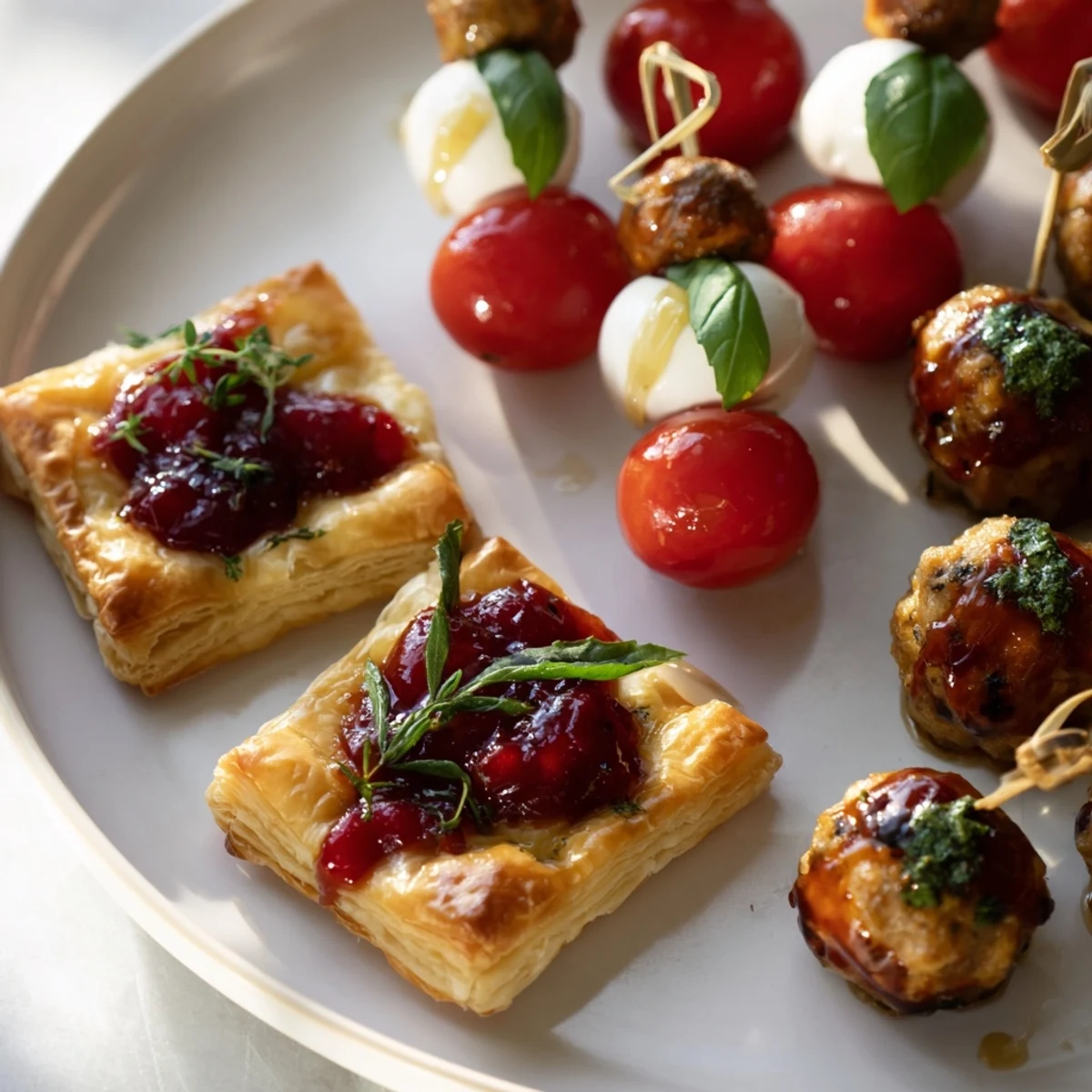 Festive Appetizer Trio: Golden cranberry brie bites, caprese skewers, and spiced meatballs are savory delights.