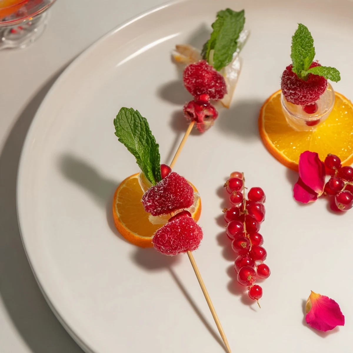 A close-up of gorgeous Baisers de Minuit cocktail garnishes—vibrant fruit and mint.