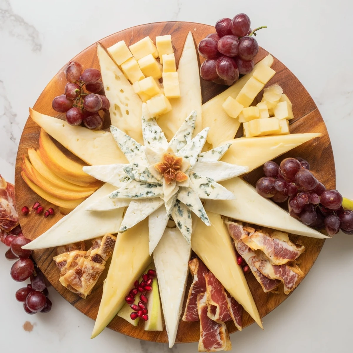 Visualize this Éclat d'Étoiles Planche de Noël: cheeses and meats artfully arranged with fresh, ripe fruits.