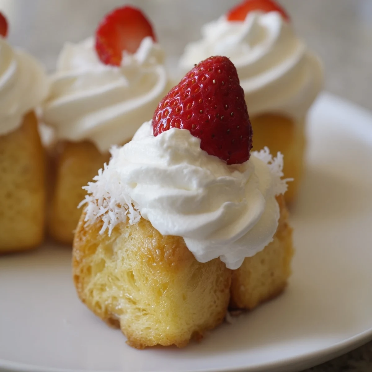 Golden, baked Santa Hat Bread Pudding Bites with creamy whipped topping and red strawberries.