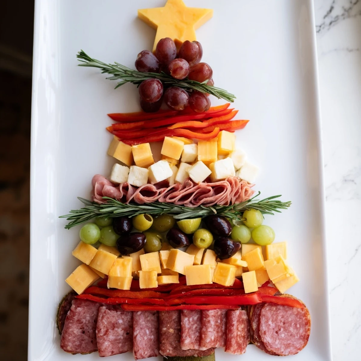 Christmas Tree Charcuterie Board brimming with meats, cheeses, and vibrant fruit arranged for a festive appetizer.