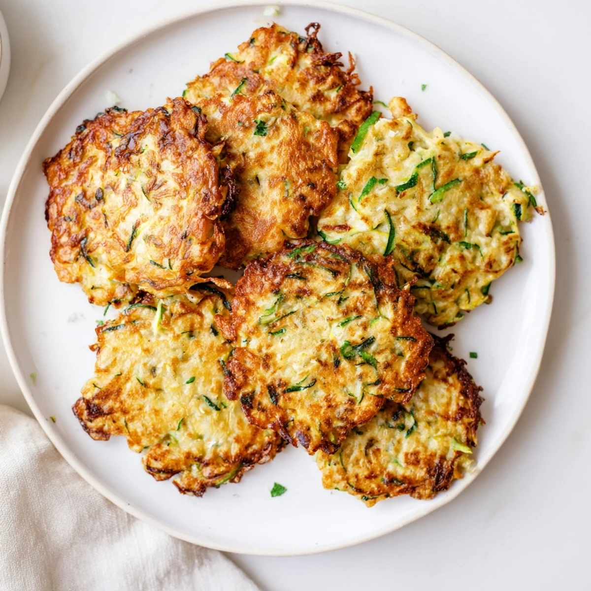 Fluffy, savory High-Protein Chicken Zucchini Fritters, sprinkled with parsley, perfect for a high-protein, low-carb meal.