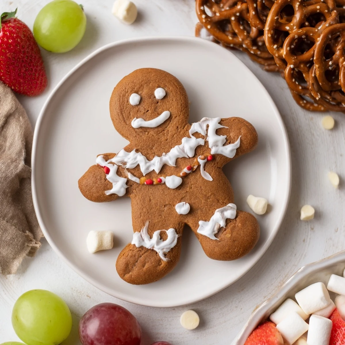 A beautifully arranged Gingerbread Man Cookie Board, piled high with festive holiday treats and fresh fruit.