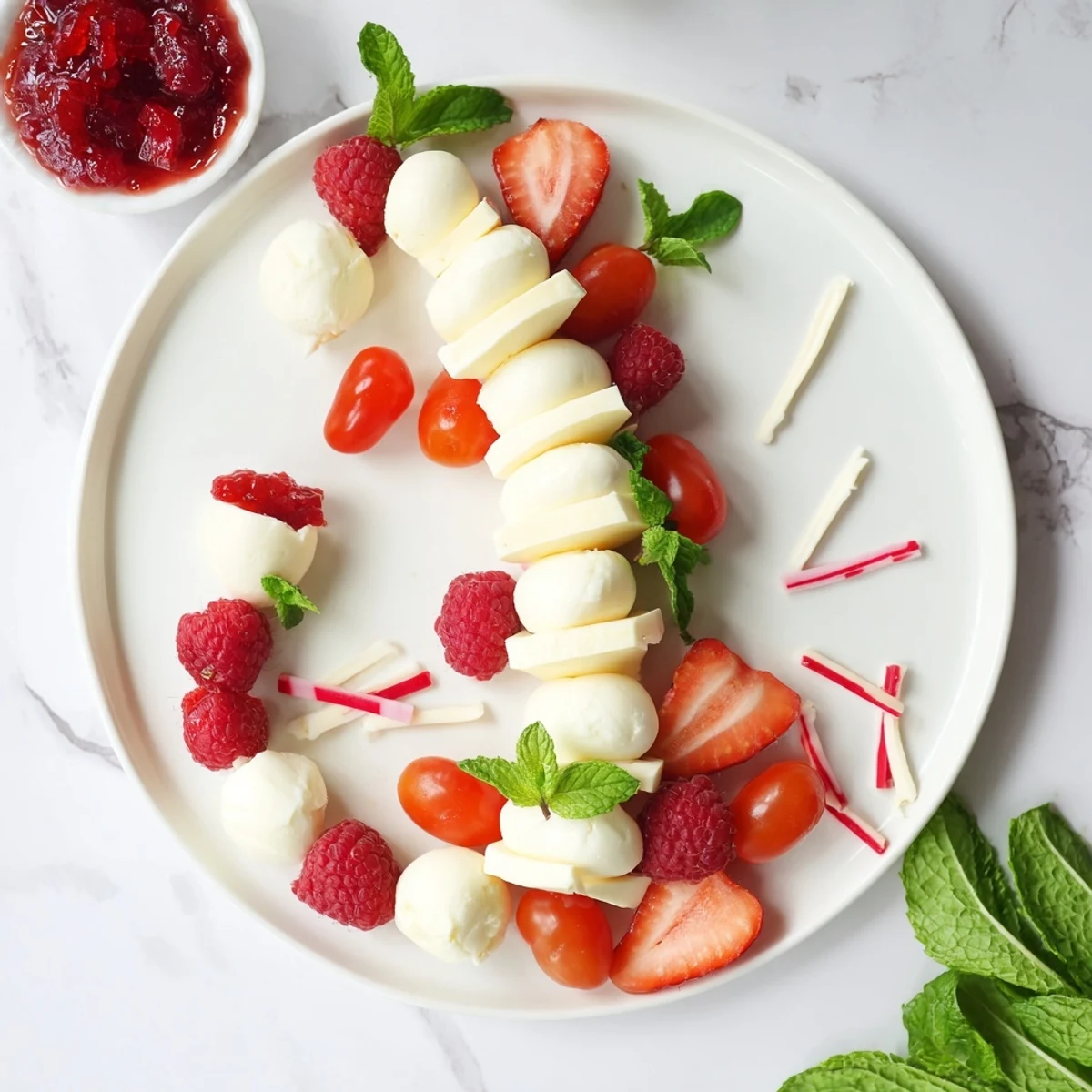 Festive Red and White Candy Cane Snack Board, offering sweet and savory holiday flavors for easy sharing.