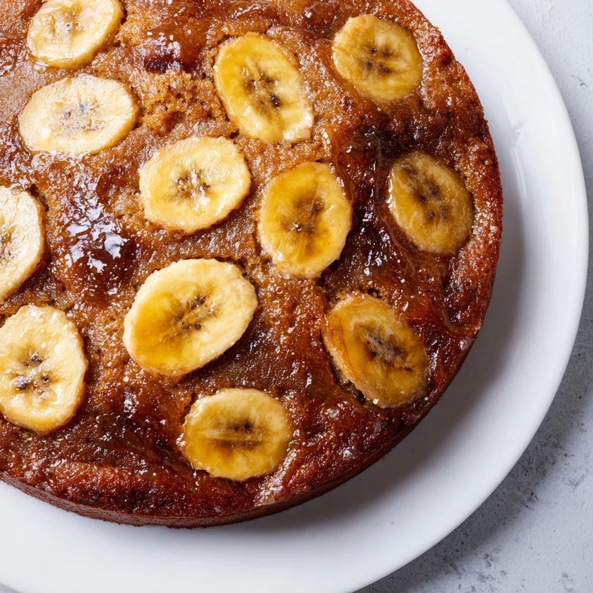 Slices of golden Banana Bread Cake reveal a tender crumb, surrounded by caramelized banana topping.