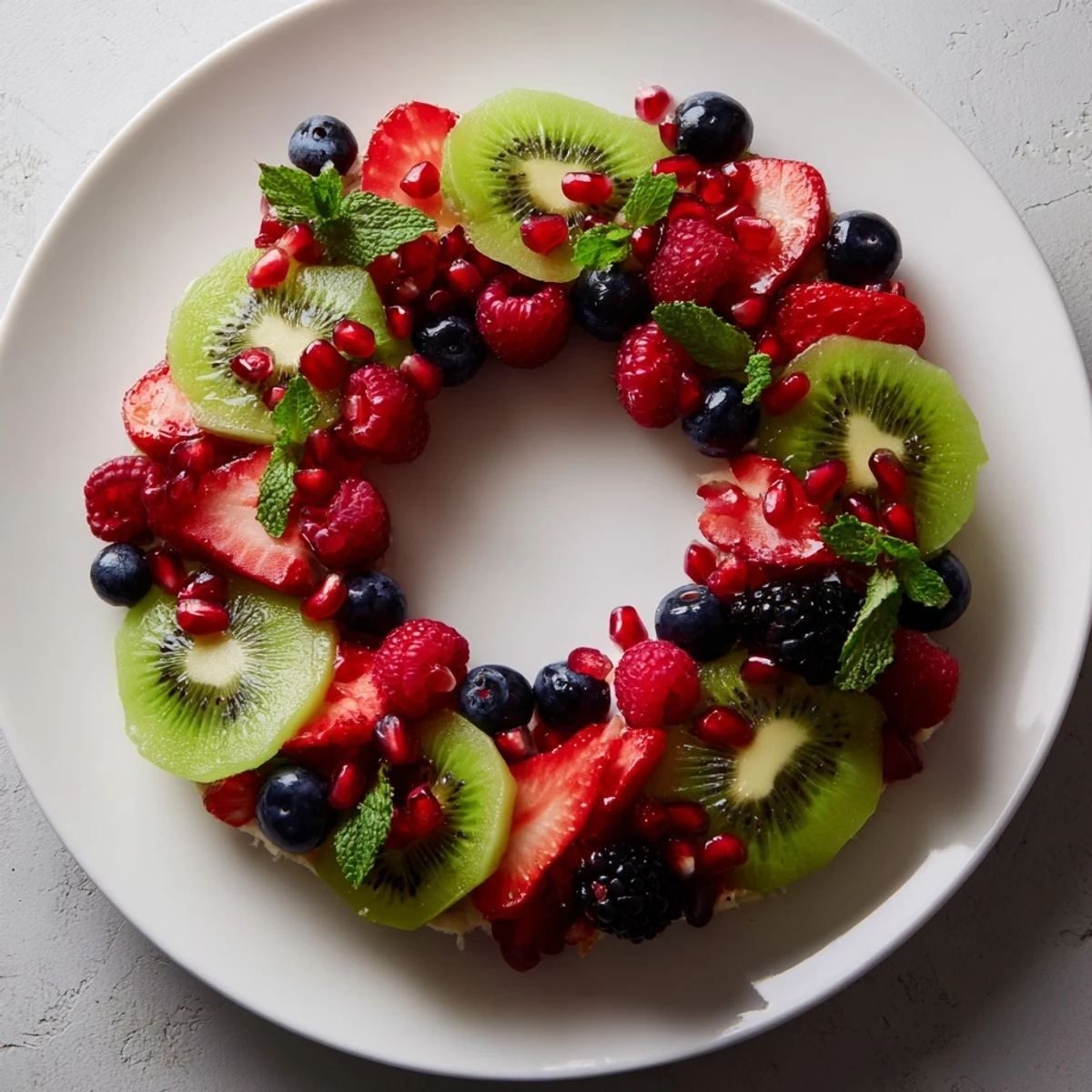 A colorful and refreshing fruit plate wreath featuring kiwi slices and vibrant berries, perfect for the holidays.
