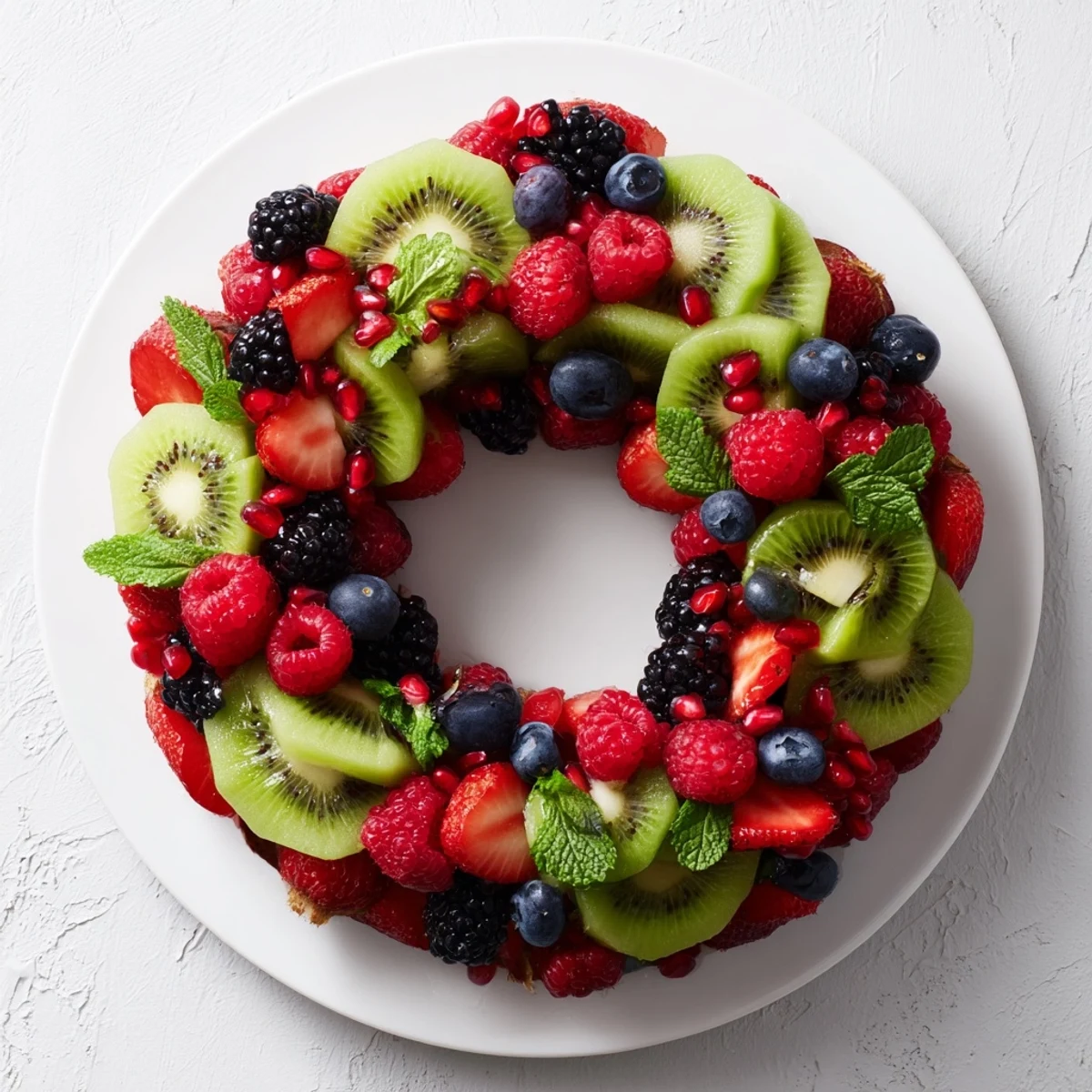 Vibrant holiday fruit plate stars kiwi and assorted juicy berries artfully arranged on a serving platter.